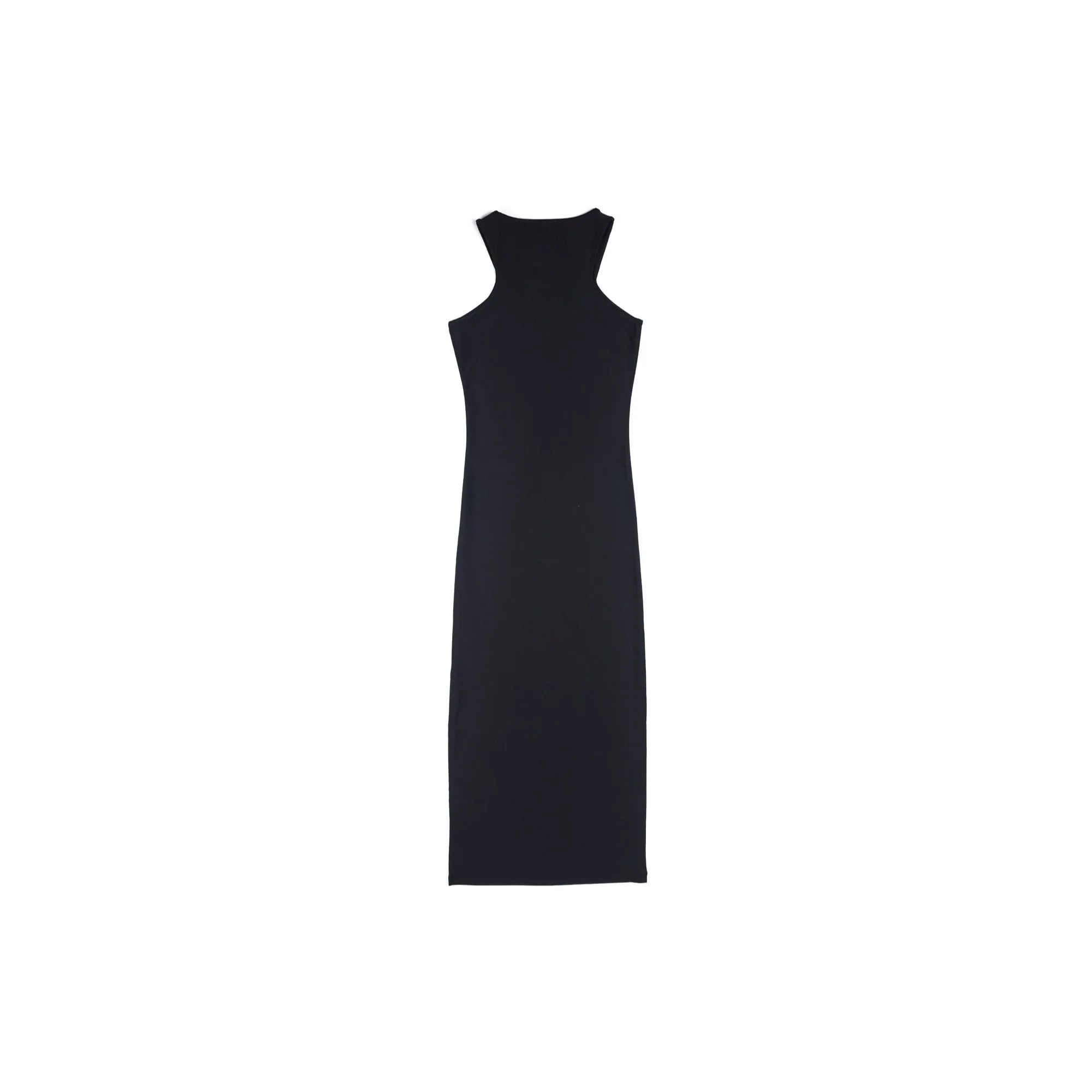 Black sleeveless midi dress with high neckline and slim fit on white background