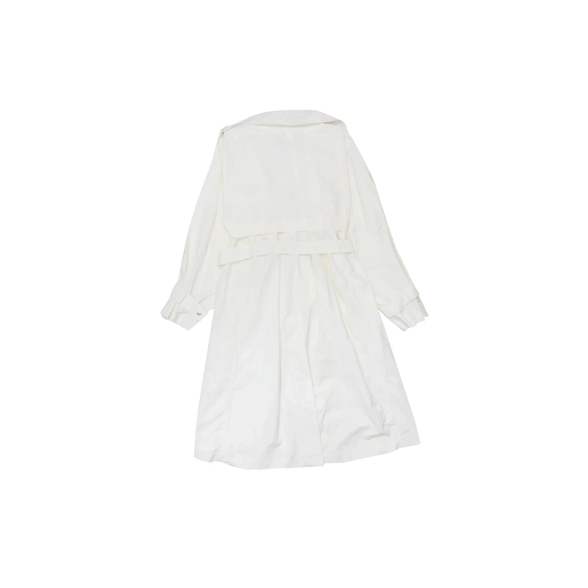 Back view of white long sleeve trench coat with waist belt and buttoned cuffs