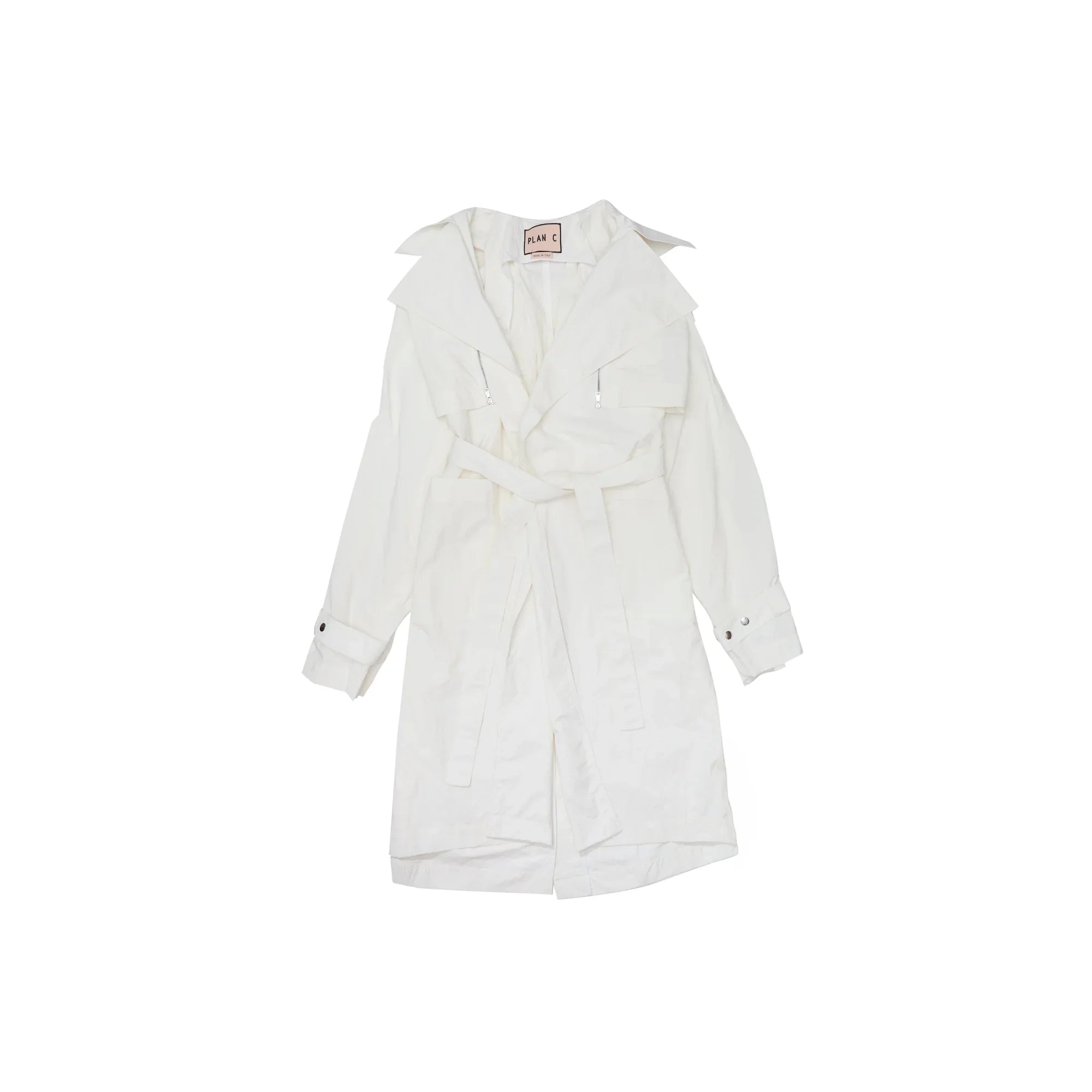White trench coat with wide lapels, long sleeves, belt, and front zip pockets