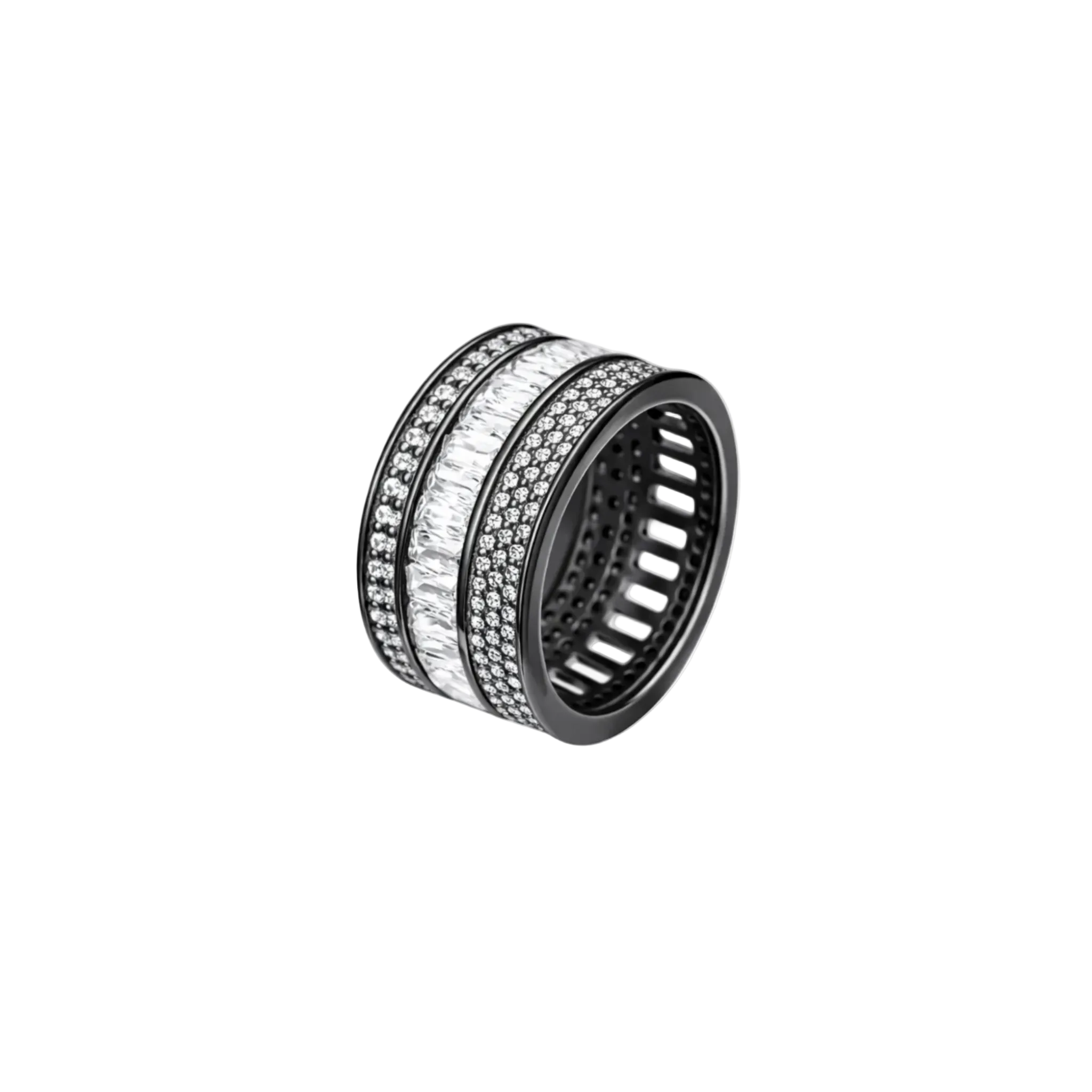 Close-up of a black and silver ring with intricate design on a white background