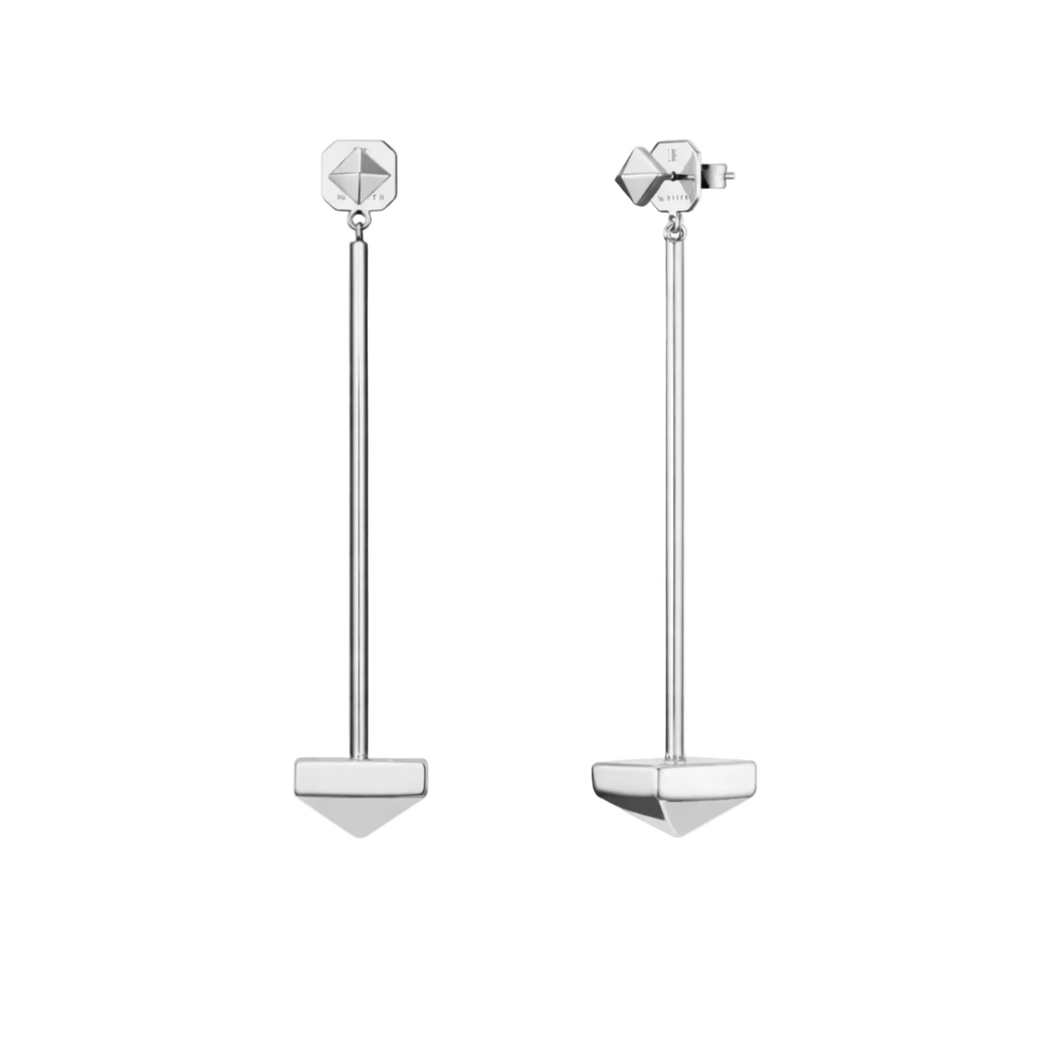 Pair of silver earrings with geometric designs on a white background