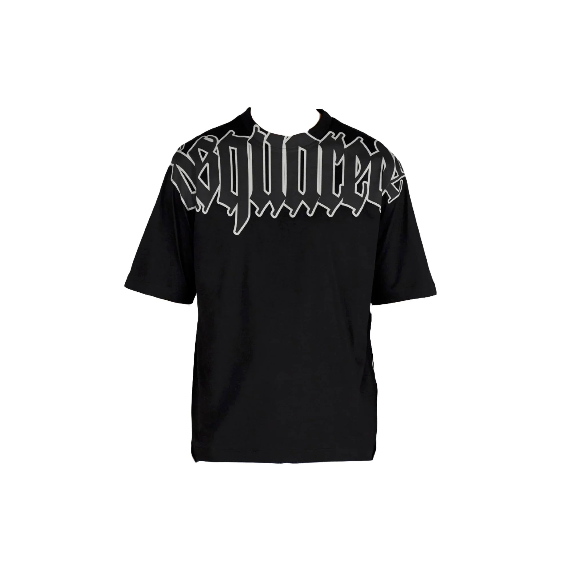 Black Dsquared2 t-shirt with large gothic logo lettering across upper chest and shoulders
