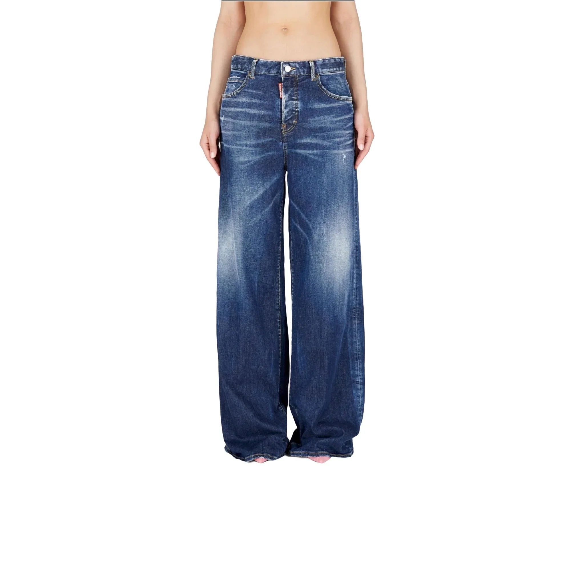 Women's high-waisted wide-leg blue denim jeans with faded detailing on white background