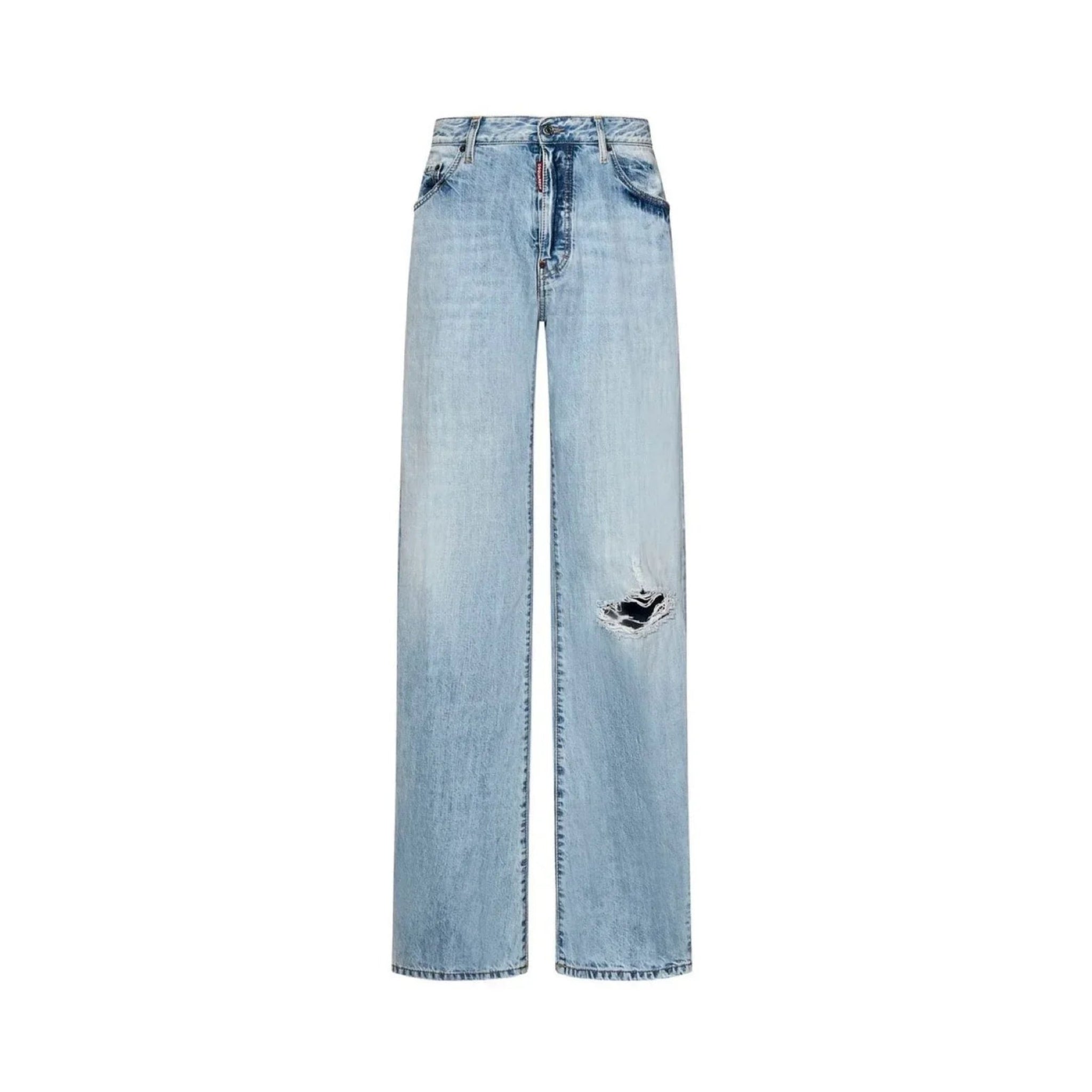 Light blue distressed straight-leg jeans with a rip on one knee, classic five-pocket design