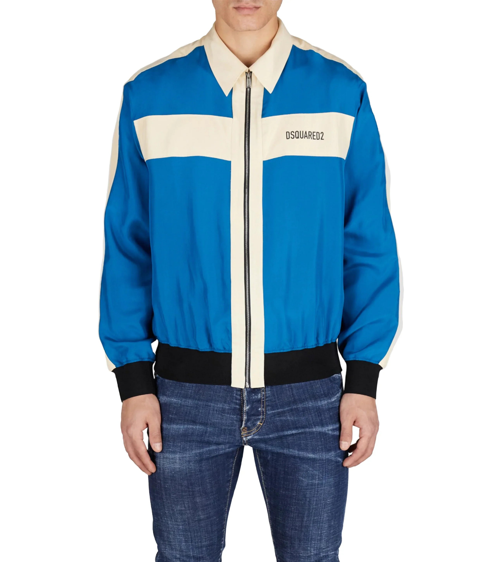Men's Dsquared2 blue and white satin zip-up jacket with black cuffs and waistband