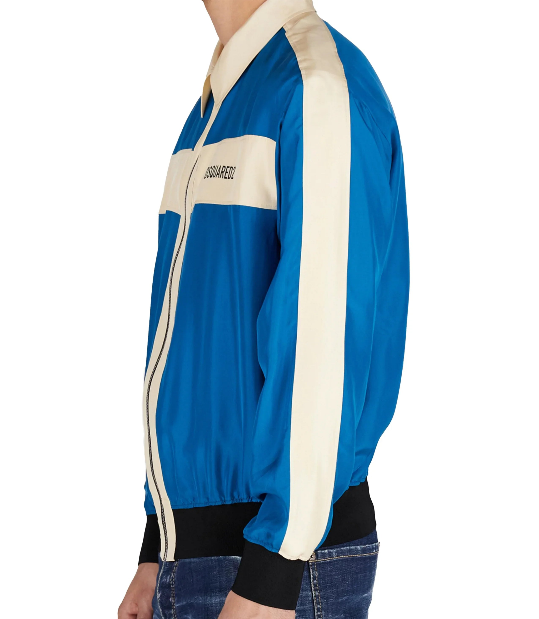 Side view of a man wearing a blue satin DSQUARED2 Club Shirt with white stripes and black cuffs