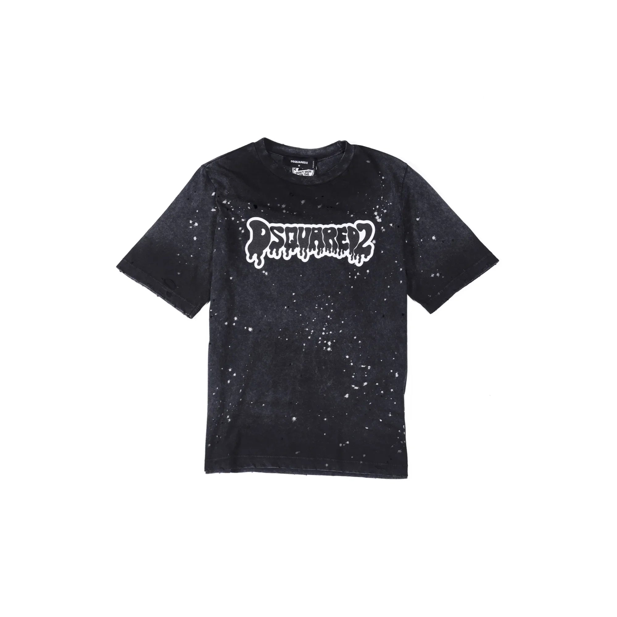Black Dsquared2 t-shirt with white splatter pattern and dripping logo design on front