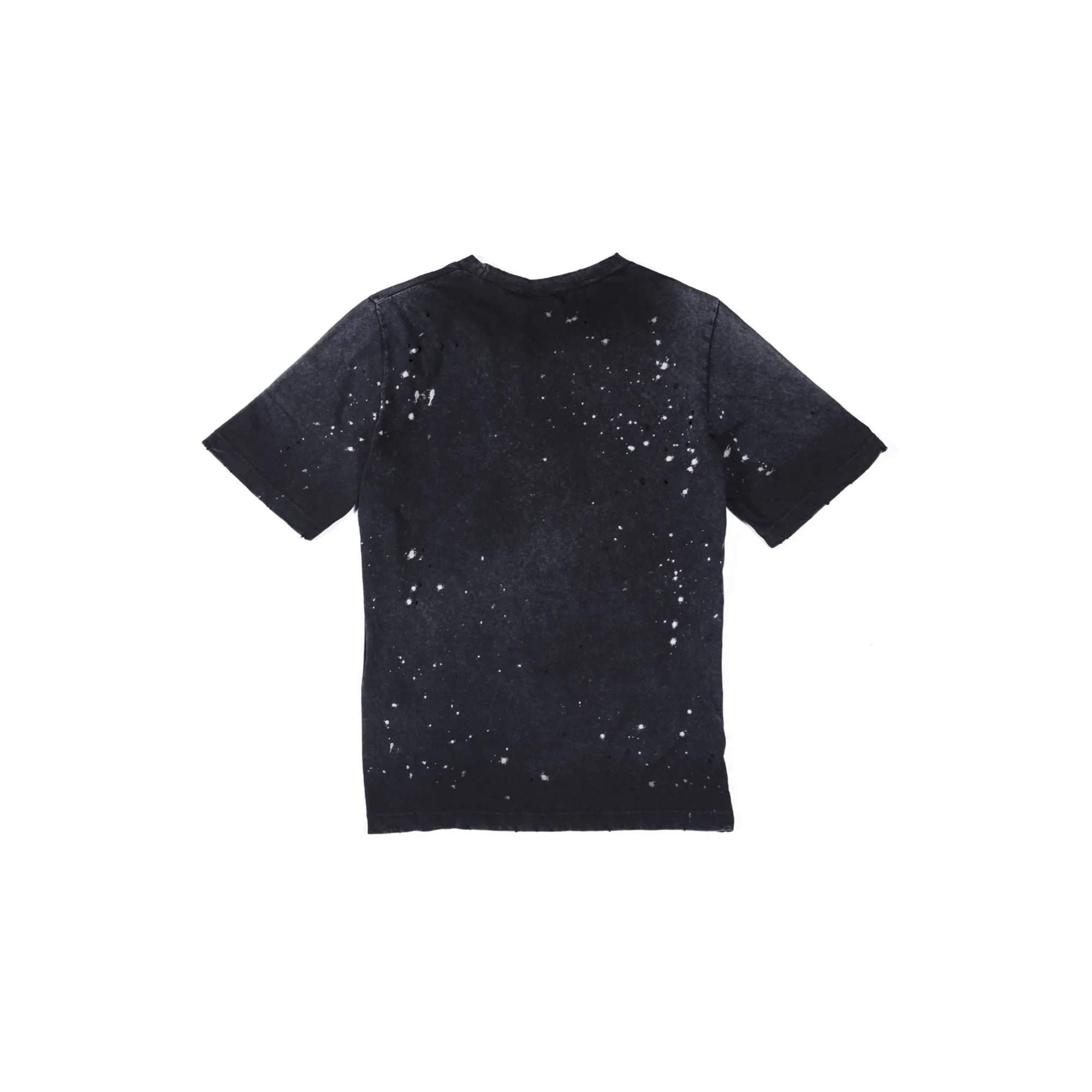 Back view of black distressed T-shirt with white paint splatter design on white background