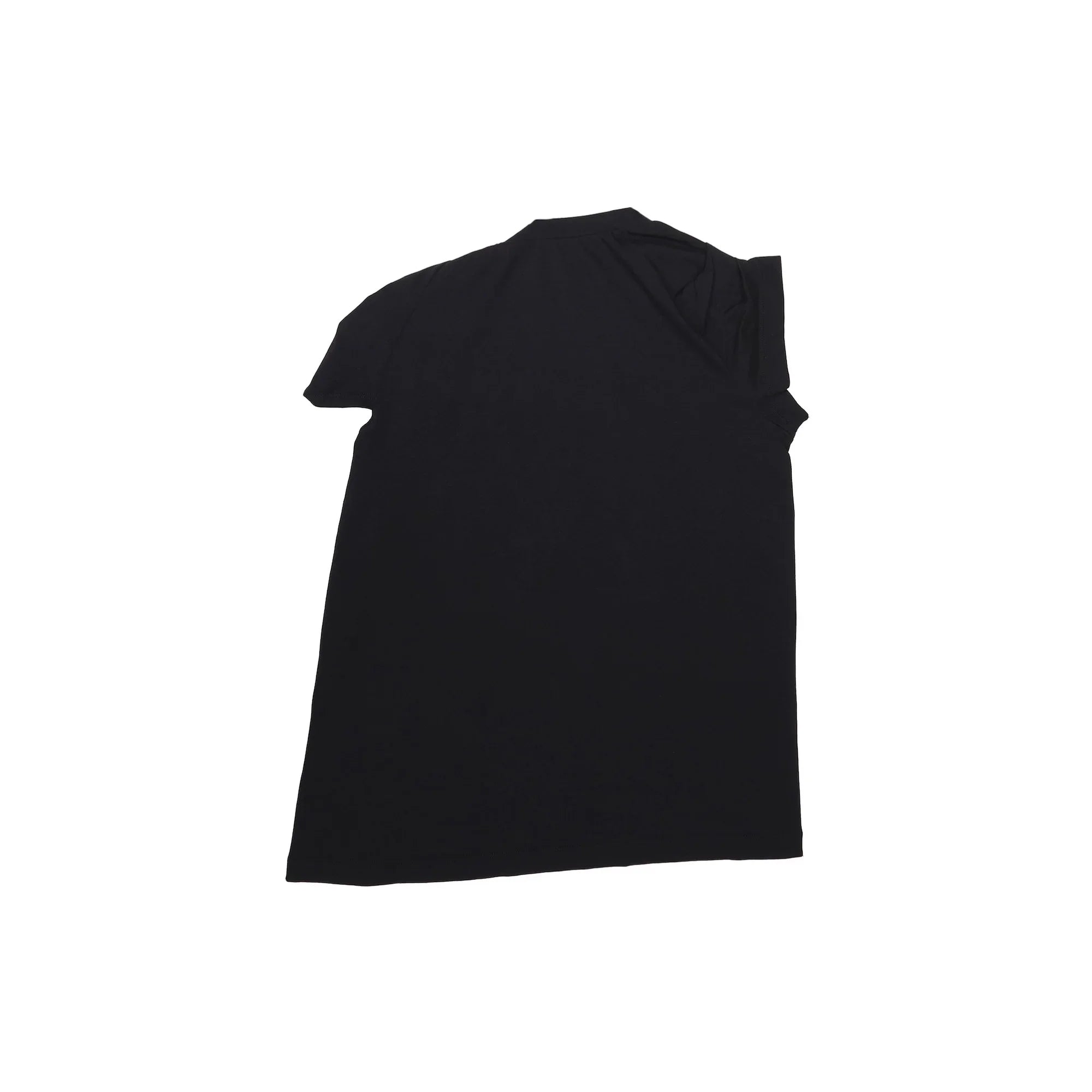 Black short-sleeve T-shirt with a knotted detail on the right shoulder, laid flat on white background