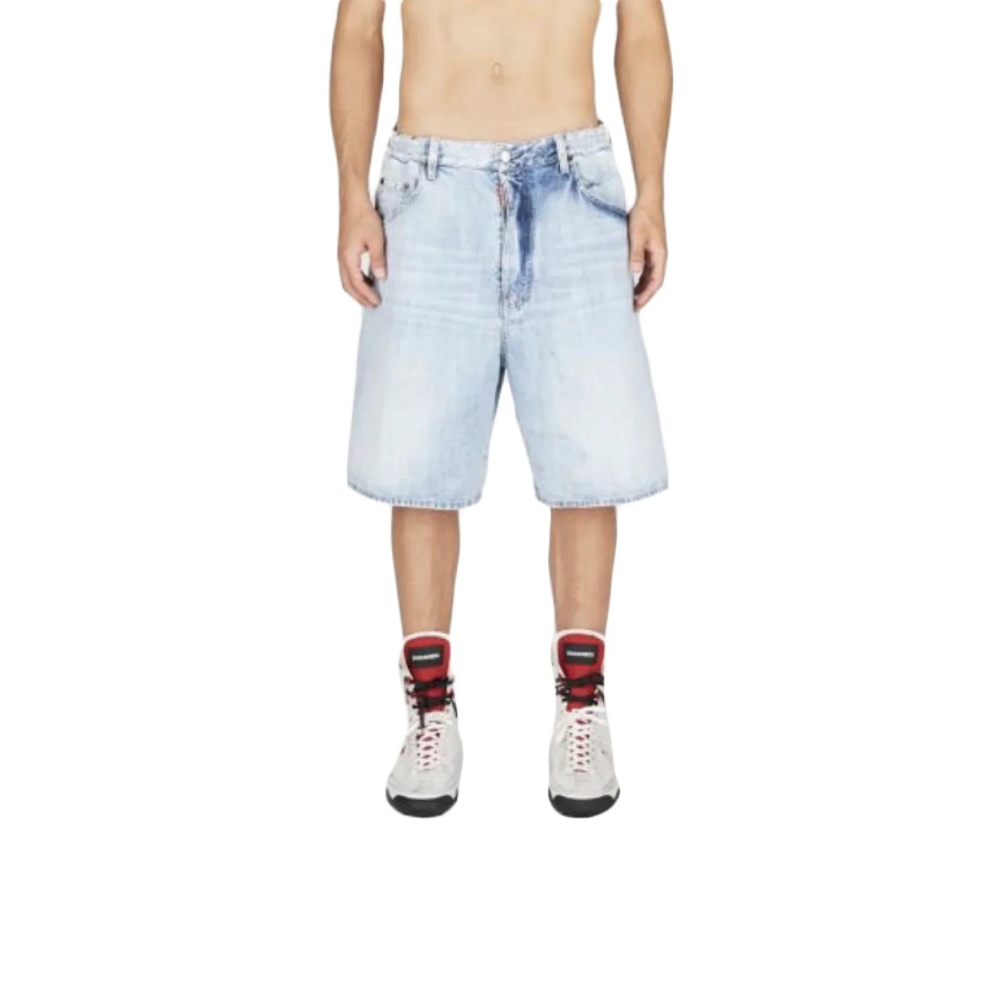 Man wearing light blue denim shorts and white high-top sneakers with red accents on a white background