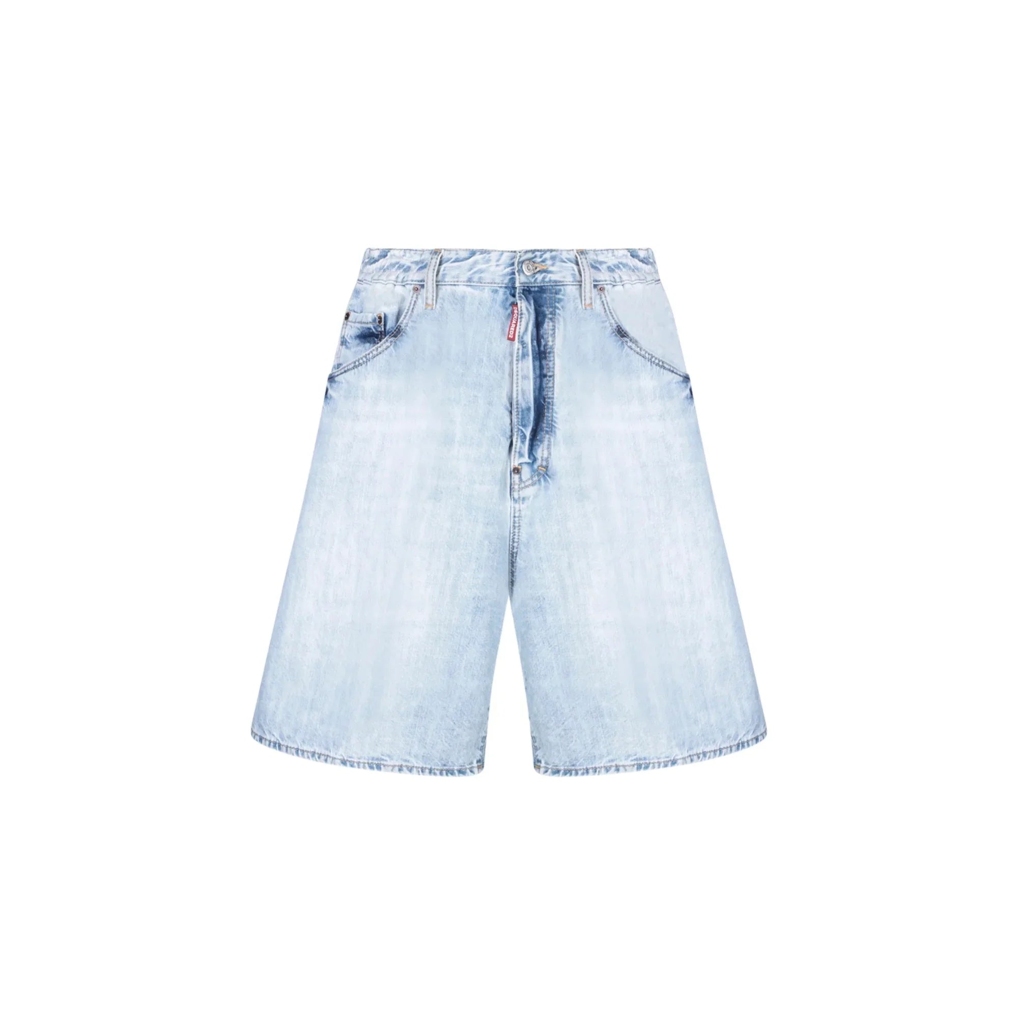 Light blue faded denim shorts with front pockets and button closure