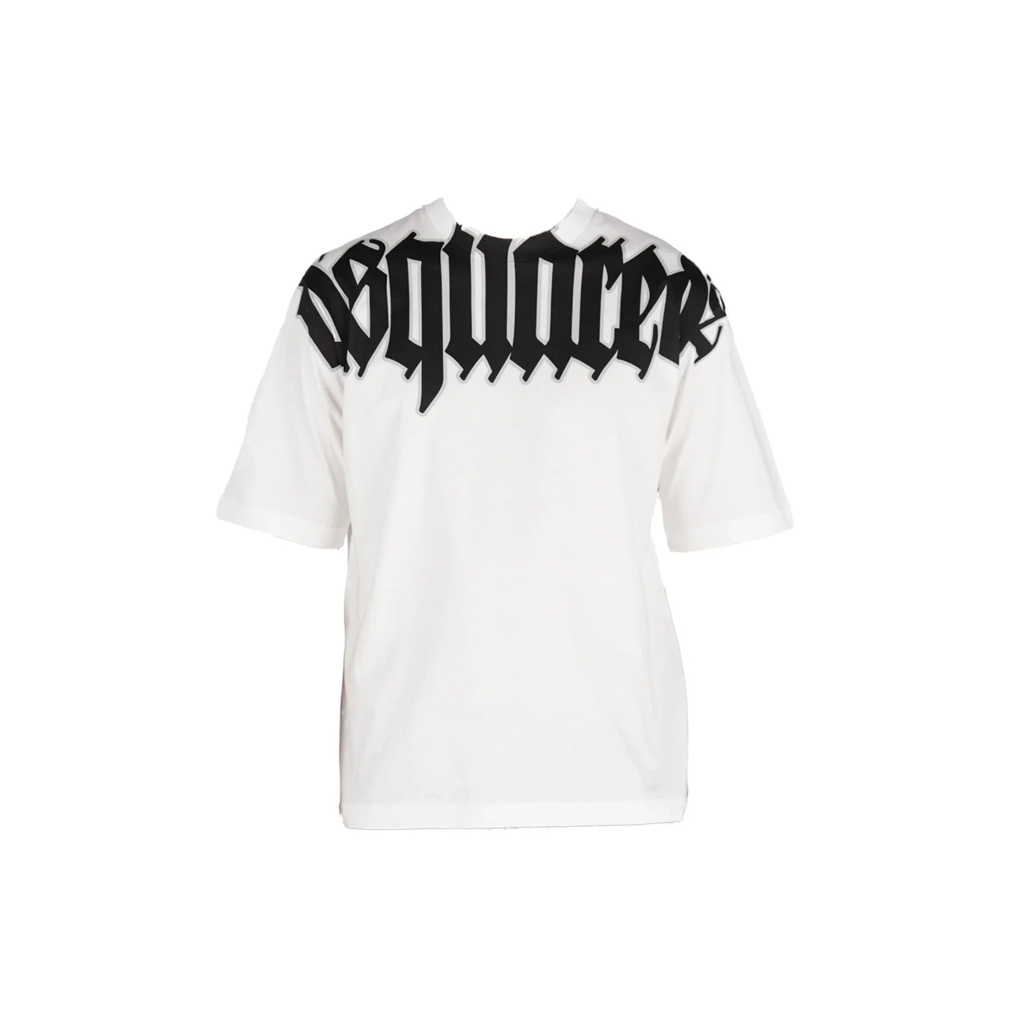 White loose fit Dsquared2 t-shirt with bold black gothic logo printed on upper chest