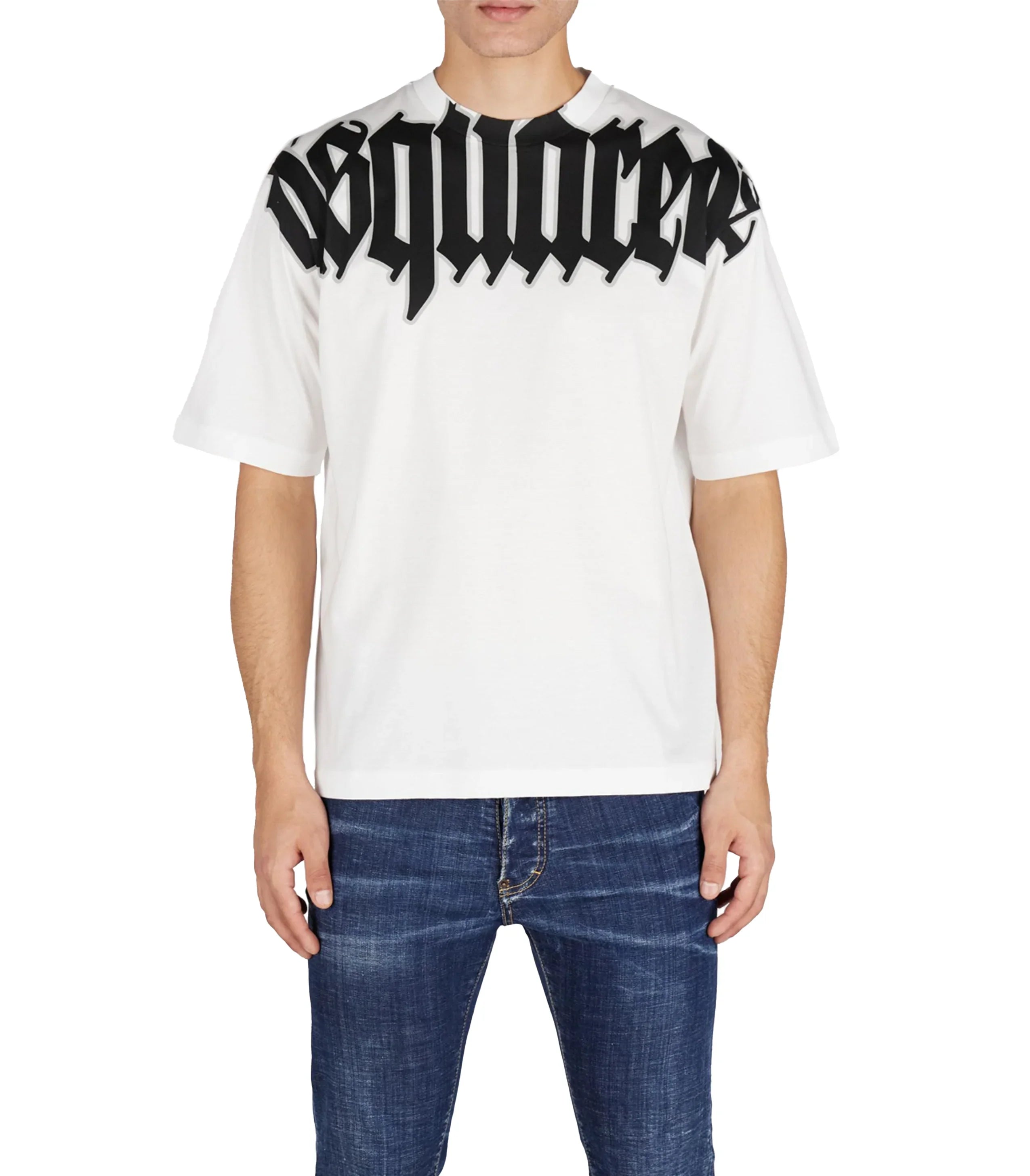 Male model wearing white Dsquared2 loose fit t-shirt with black gothic logo across chest, paired with blue jeans