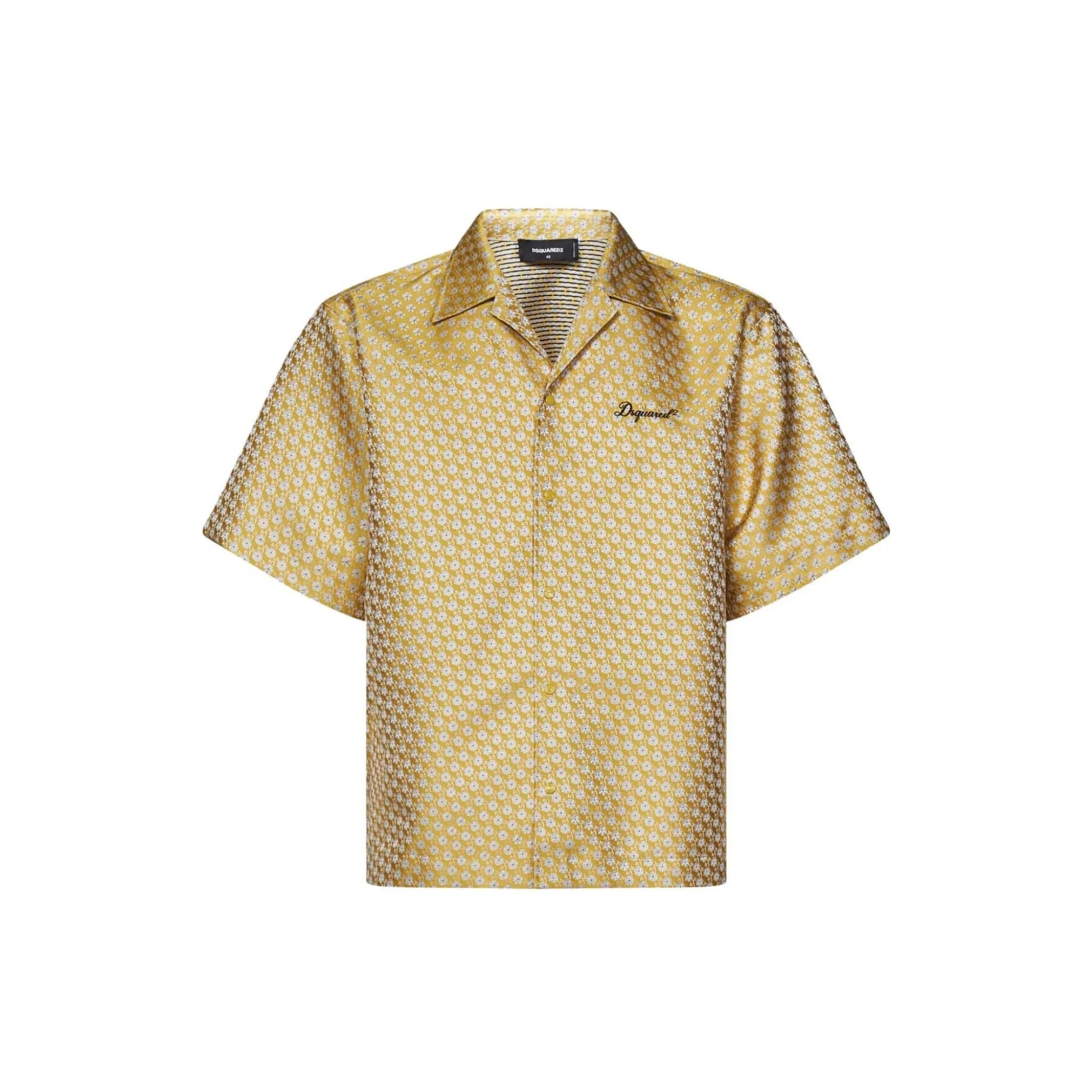 Yellow Dsquared2 short-sleeve Hawaiian shirt with small white floral pattern and embroidered logo