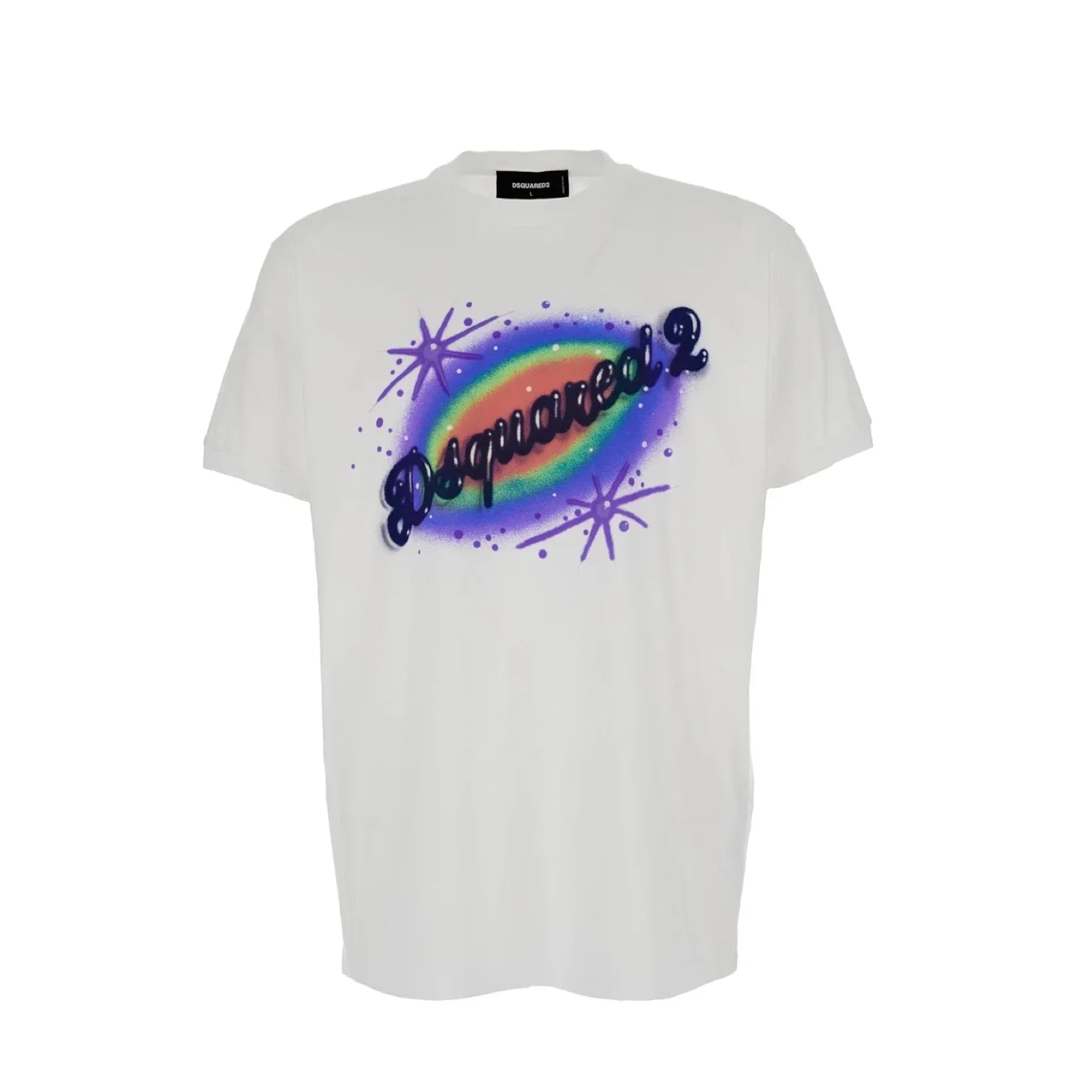 White Dsquared2 T-shirt with colorful graffiti-style logo and starburst designs