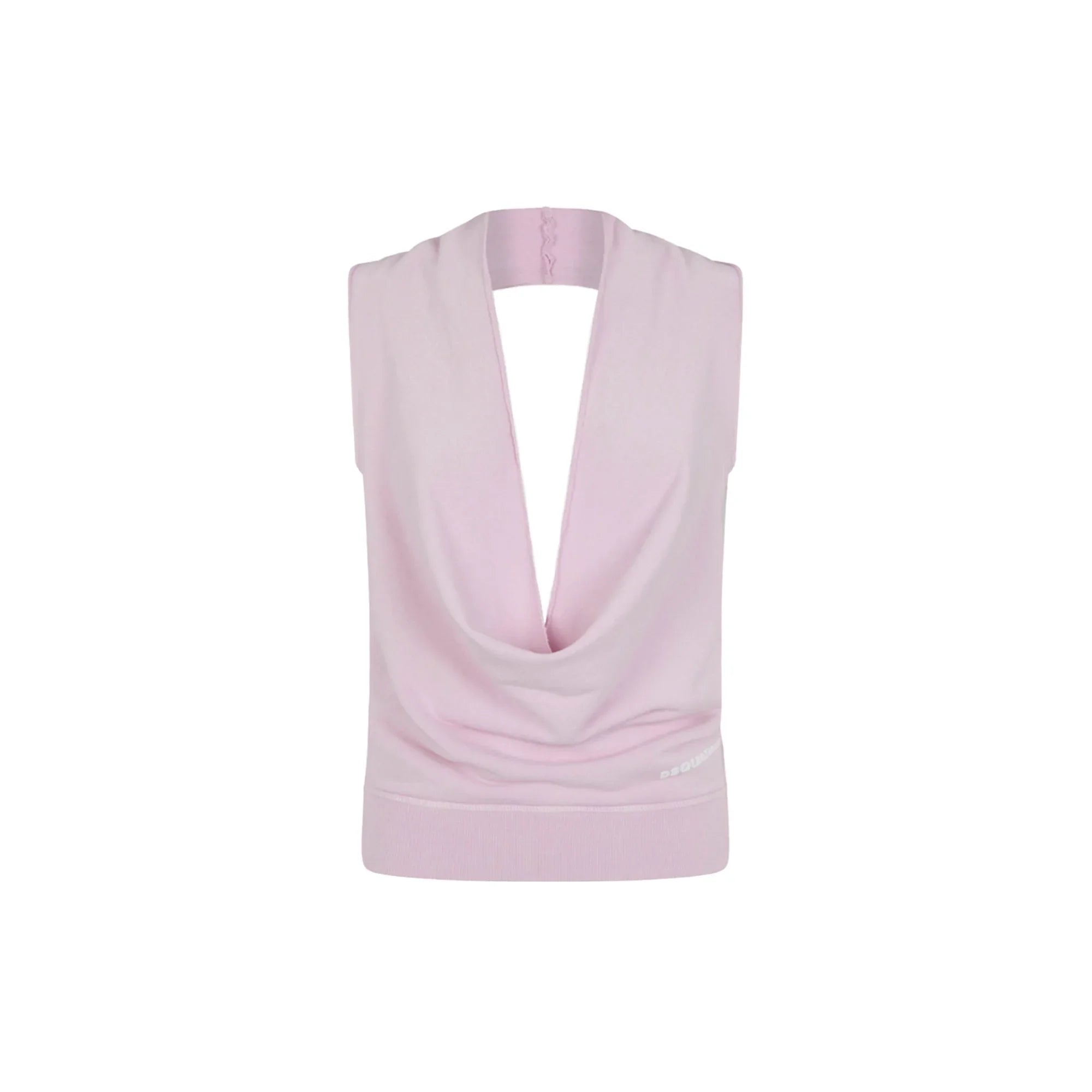 Light pink sleeveless halter top with plunging neckline and draped front detail