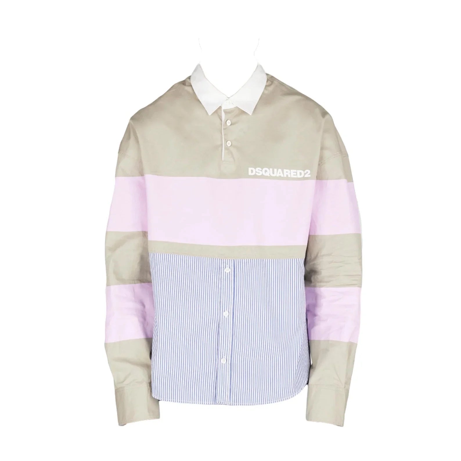 Dsquared2 oversized rugby hybrid shirt with beige, pink stripes, and blue pinstripe button-down design