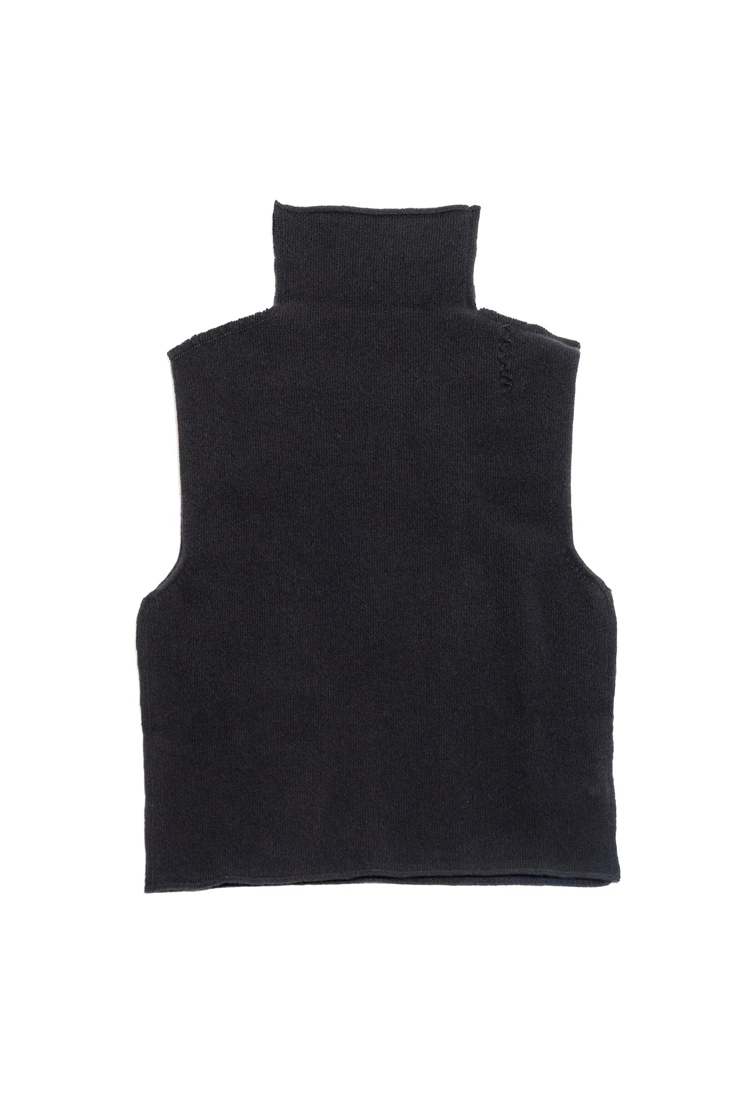 Black sleeveless knit turtleneck sweater with raw edges on white background