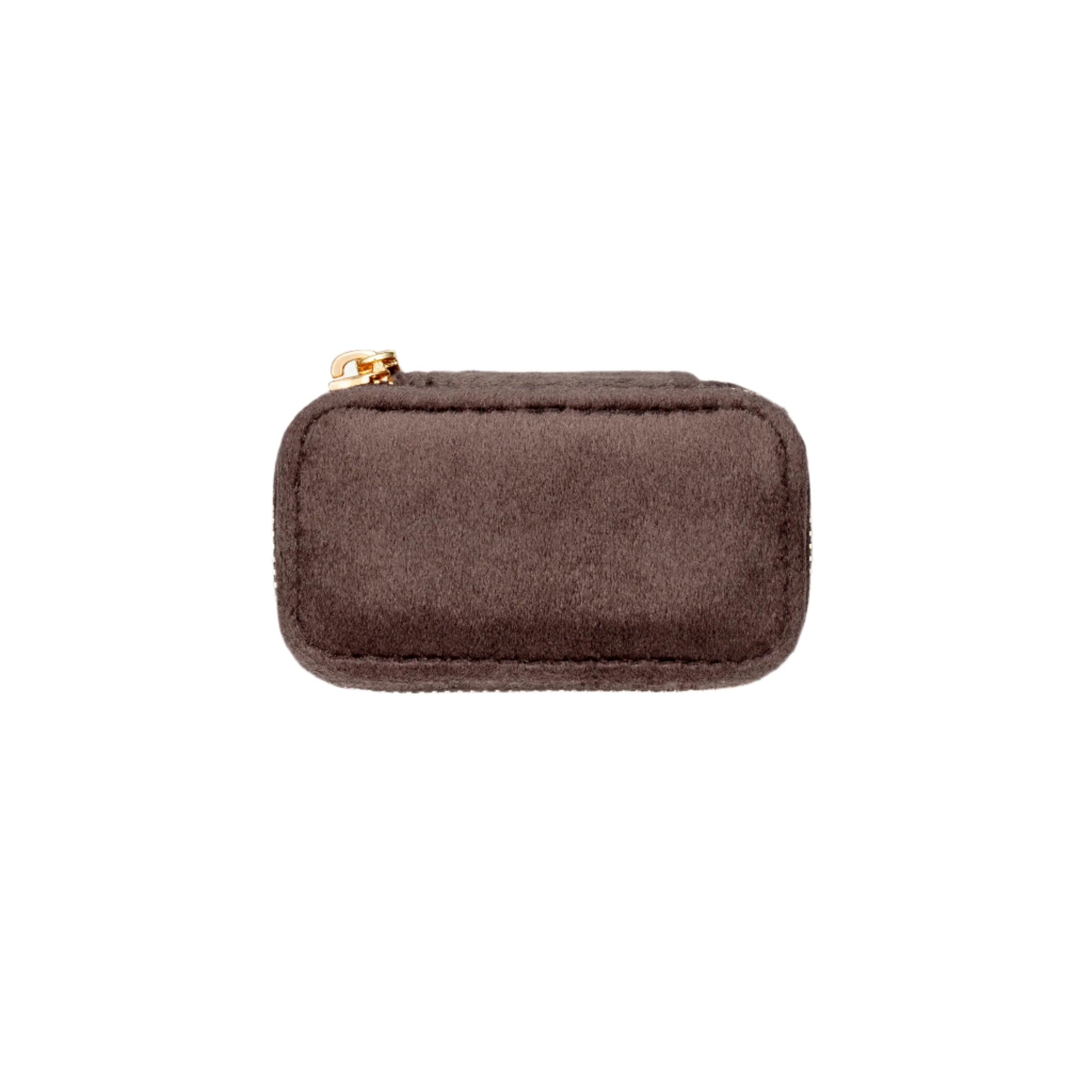 Brown suede coin purse with gold zipper on a white background