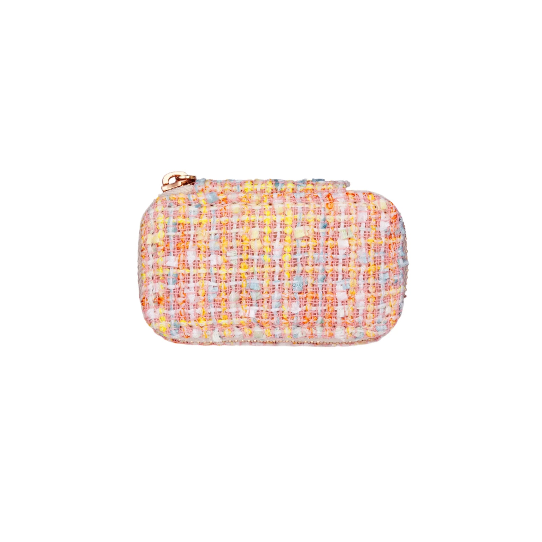 Multicolored woven pouch on a white background