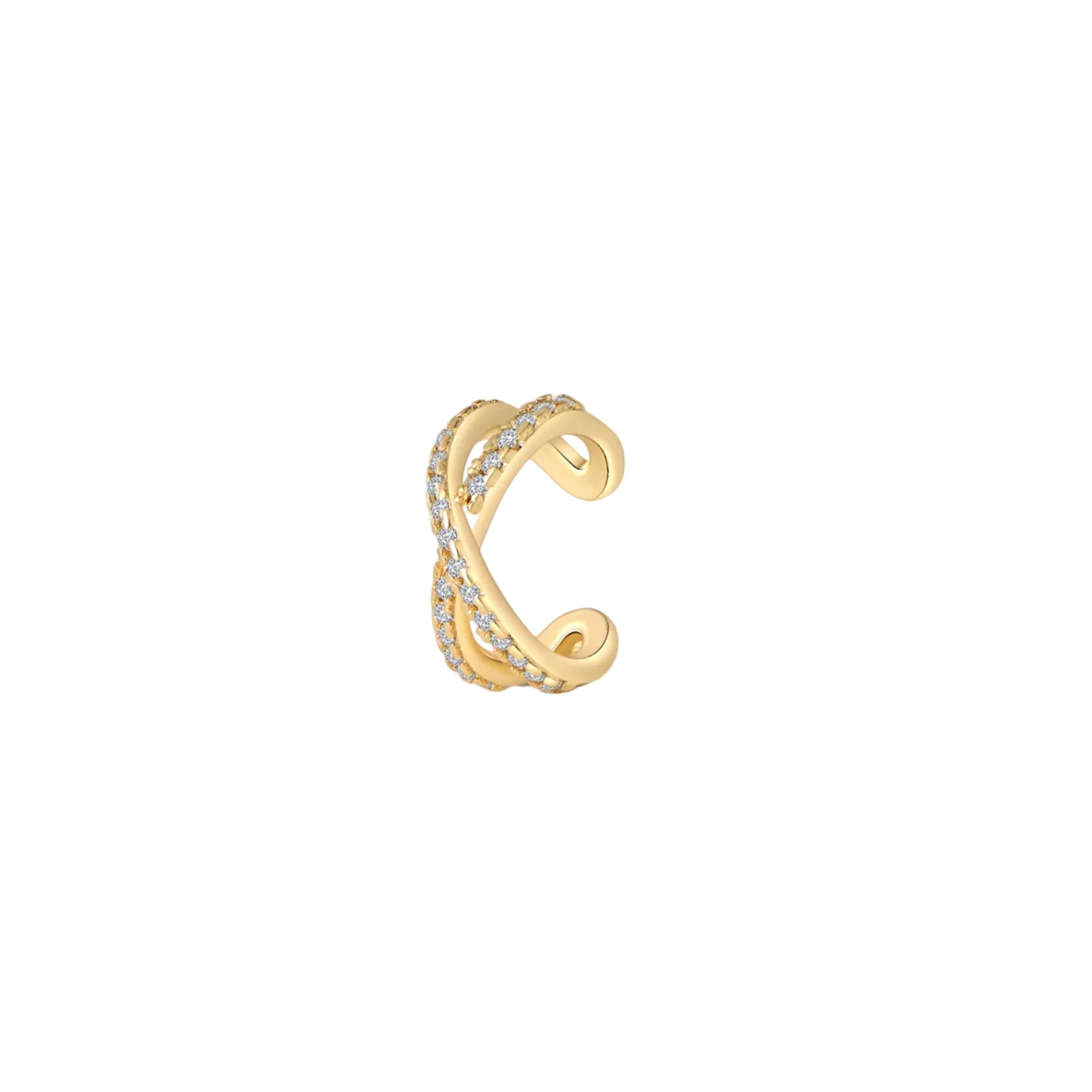 Gold open ring with diamond accents on a light gray background