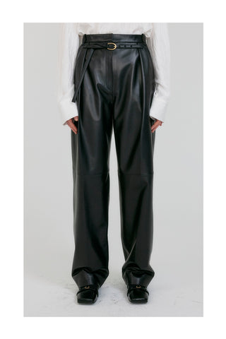 Zette Belted Tuck Leather Pants