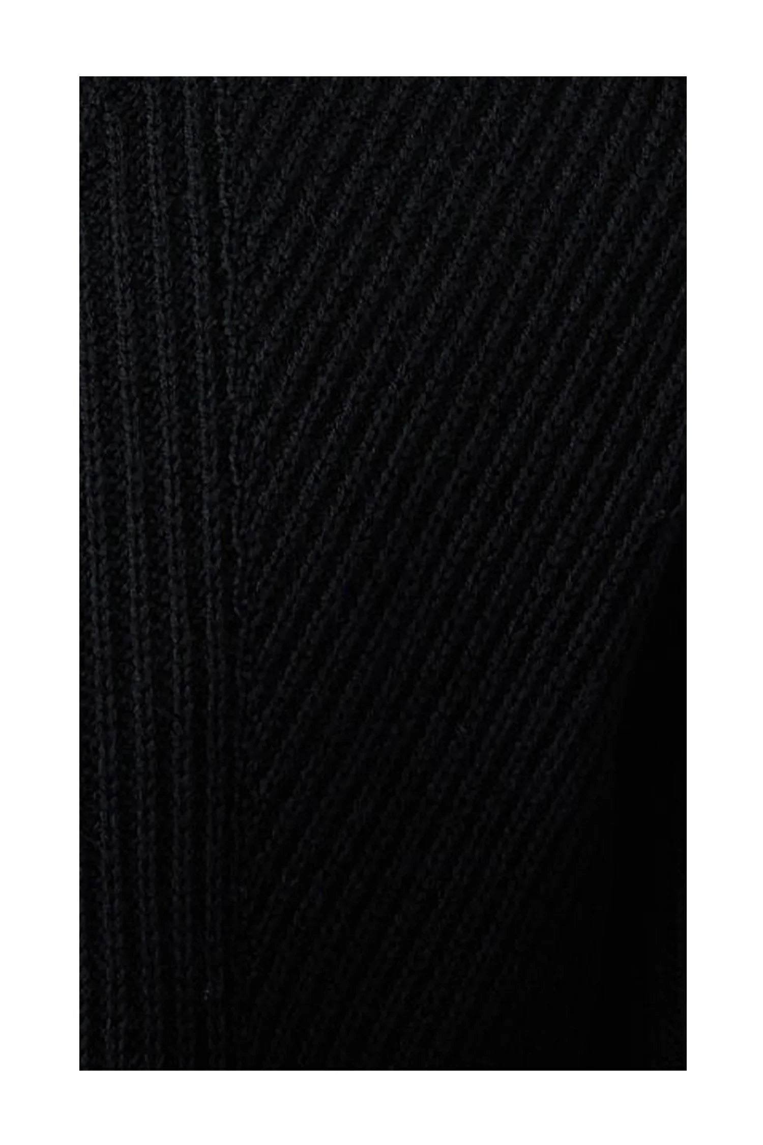 Close-up of black ribbed knit fabric with textured diagonal pattern
