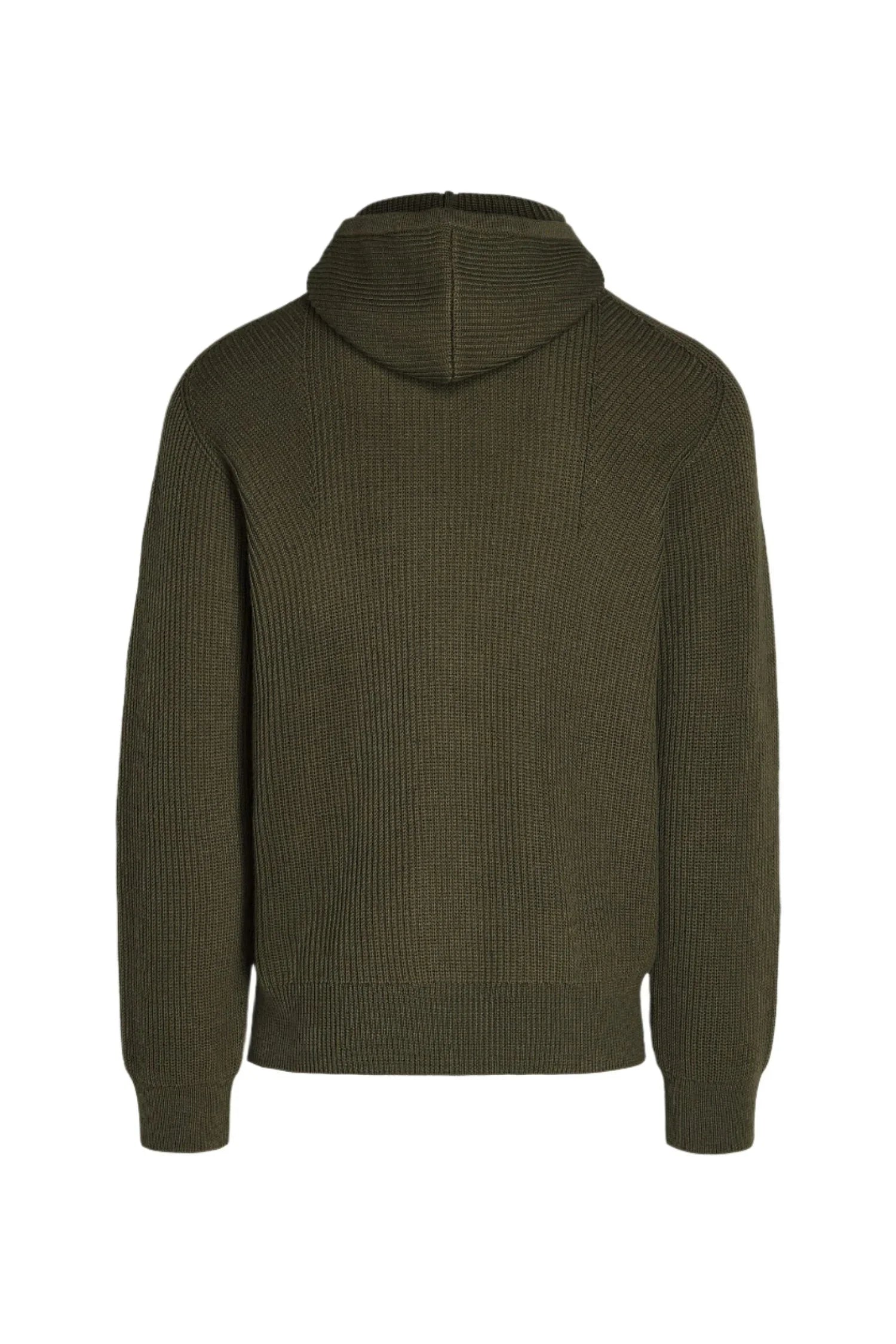 Back view of olive green knitted hooded sweater with long sleeves