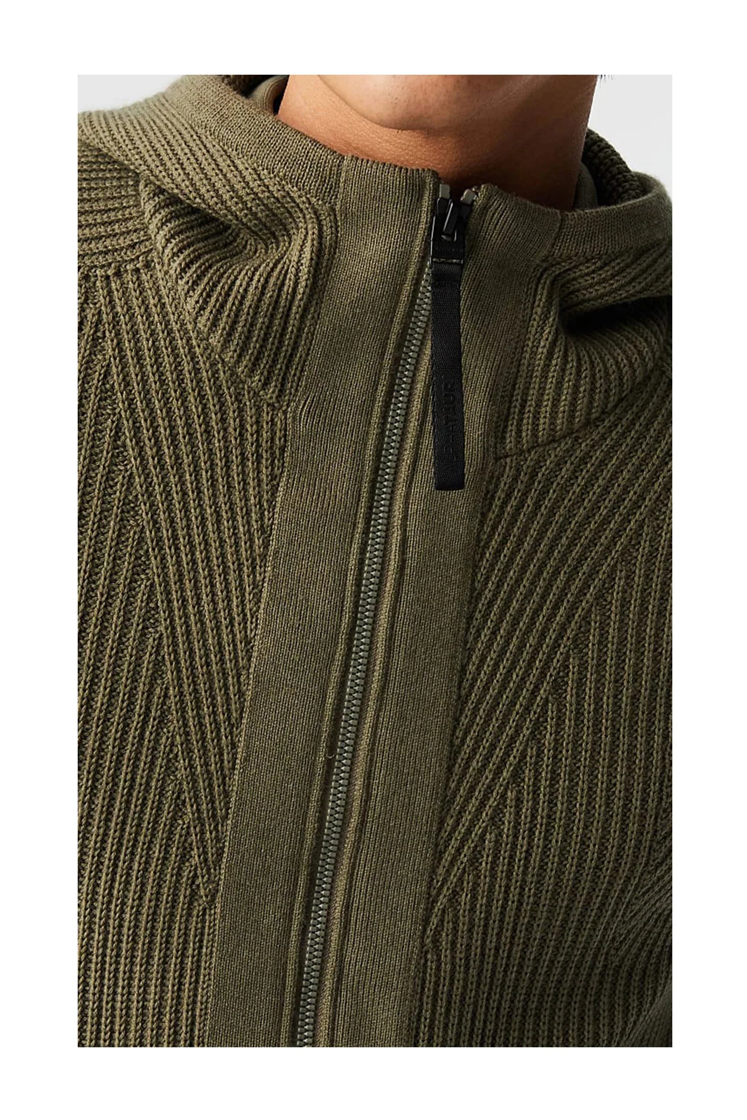 Close-up of olive green knitted sweater with zipper and ribbed texture on collar and chest