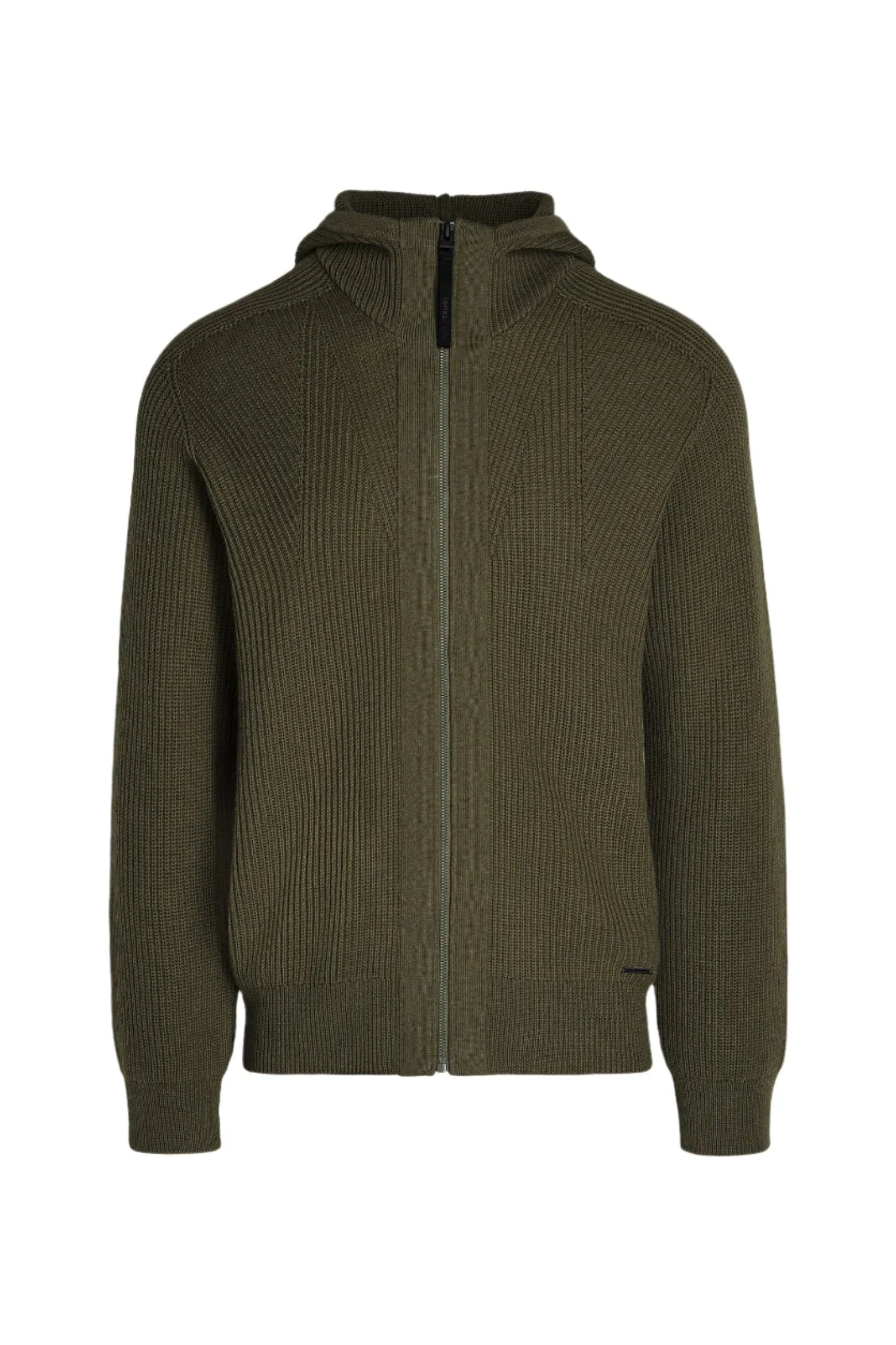 Olive green knitted zip-up hoodie with ribbed texture and long sleeves
