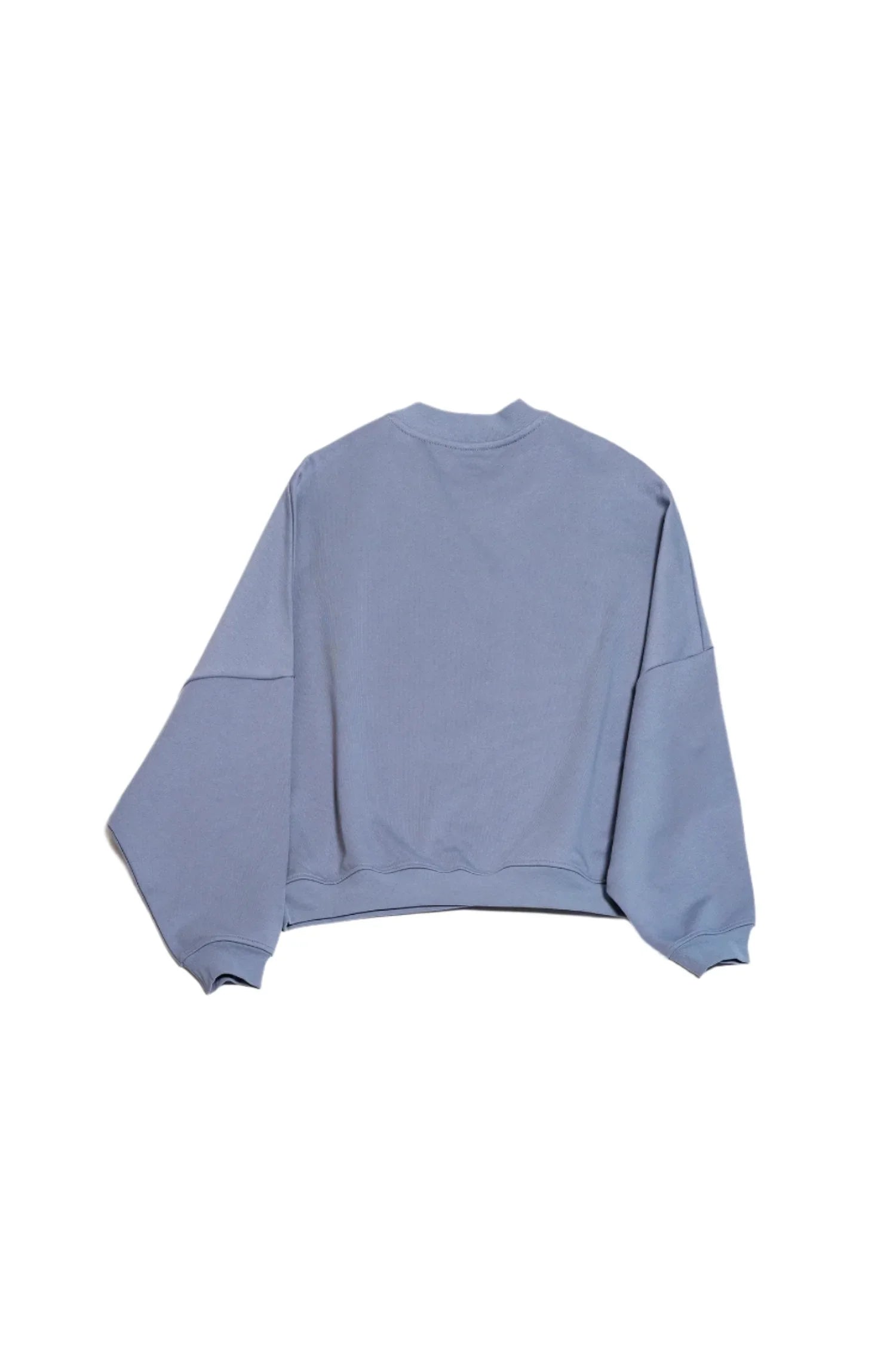 Back view of a light blue oversized sweatshirt with dropped shoulders and ribbed cuffs