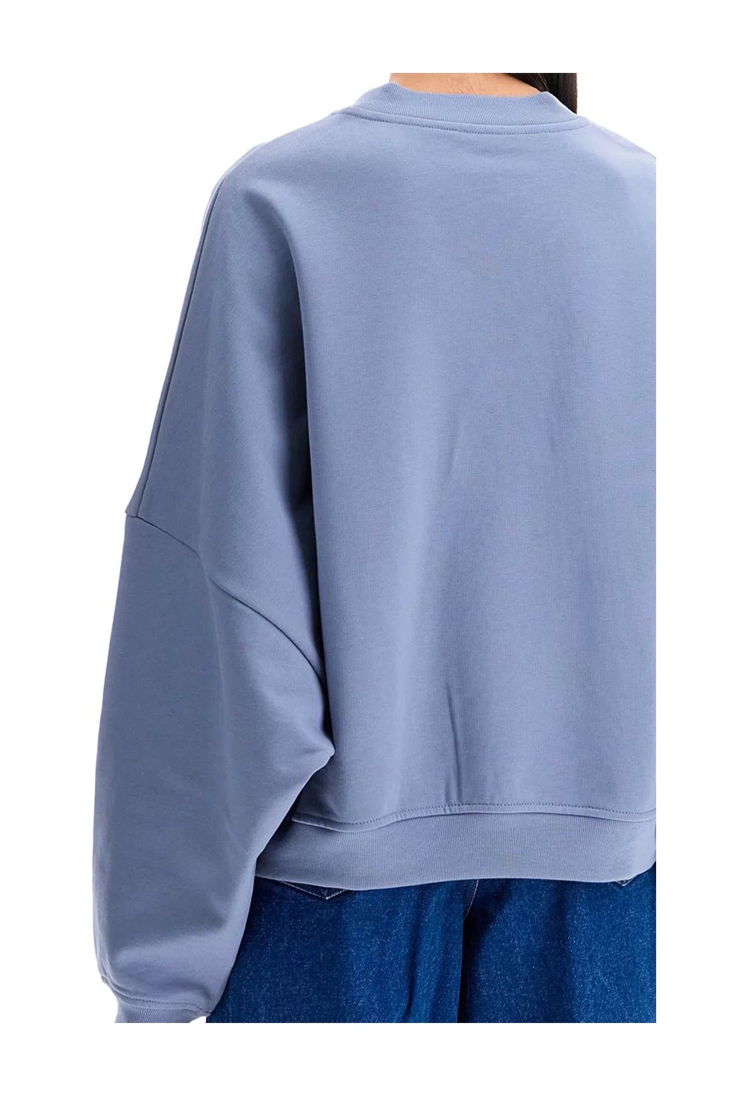 Back view of a person wearing a loose-fitting dusty blue sweatshirt and blue jeans