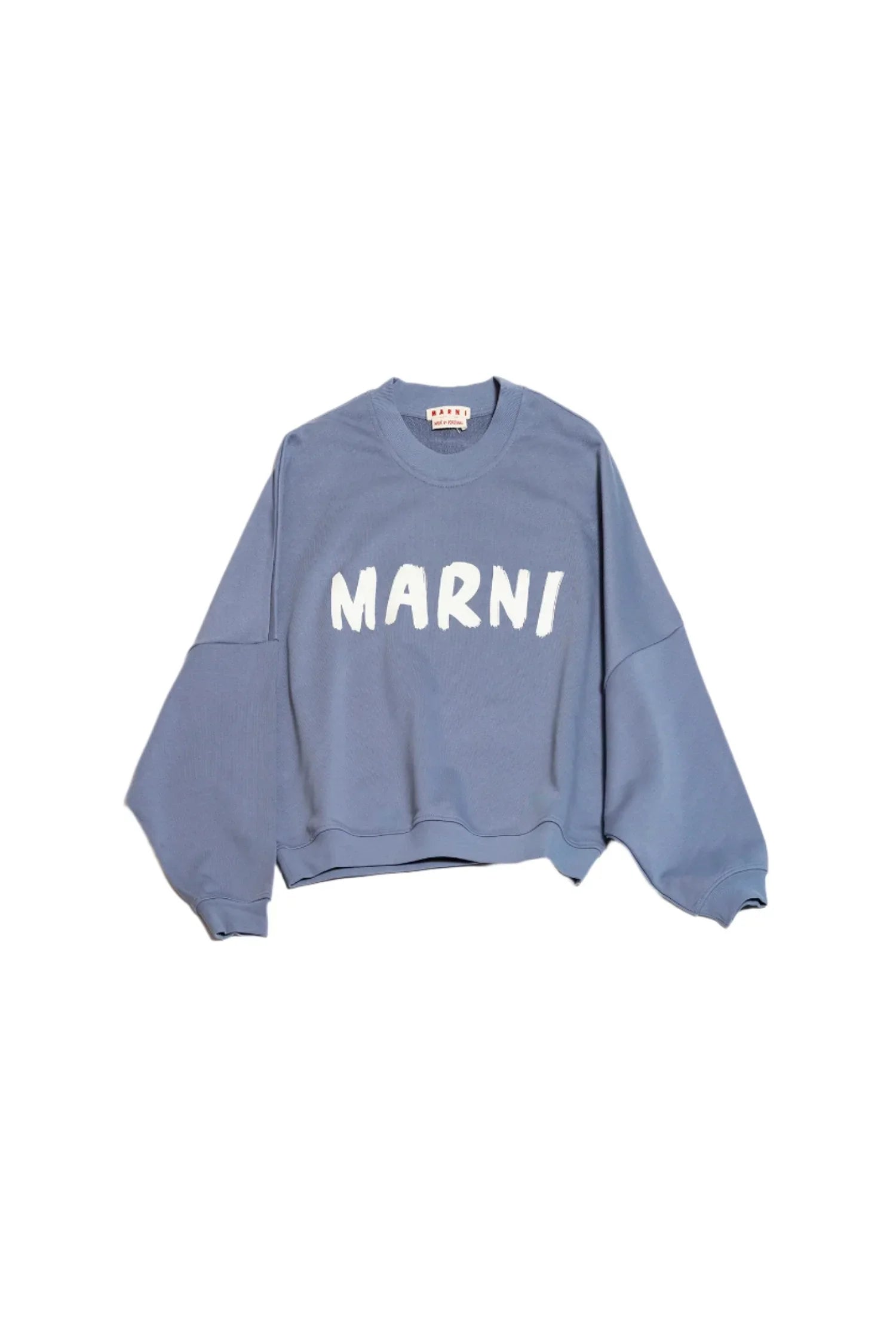 Blue Marni sweatshirt with oversized sleeves and white logo text on chest