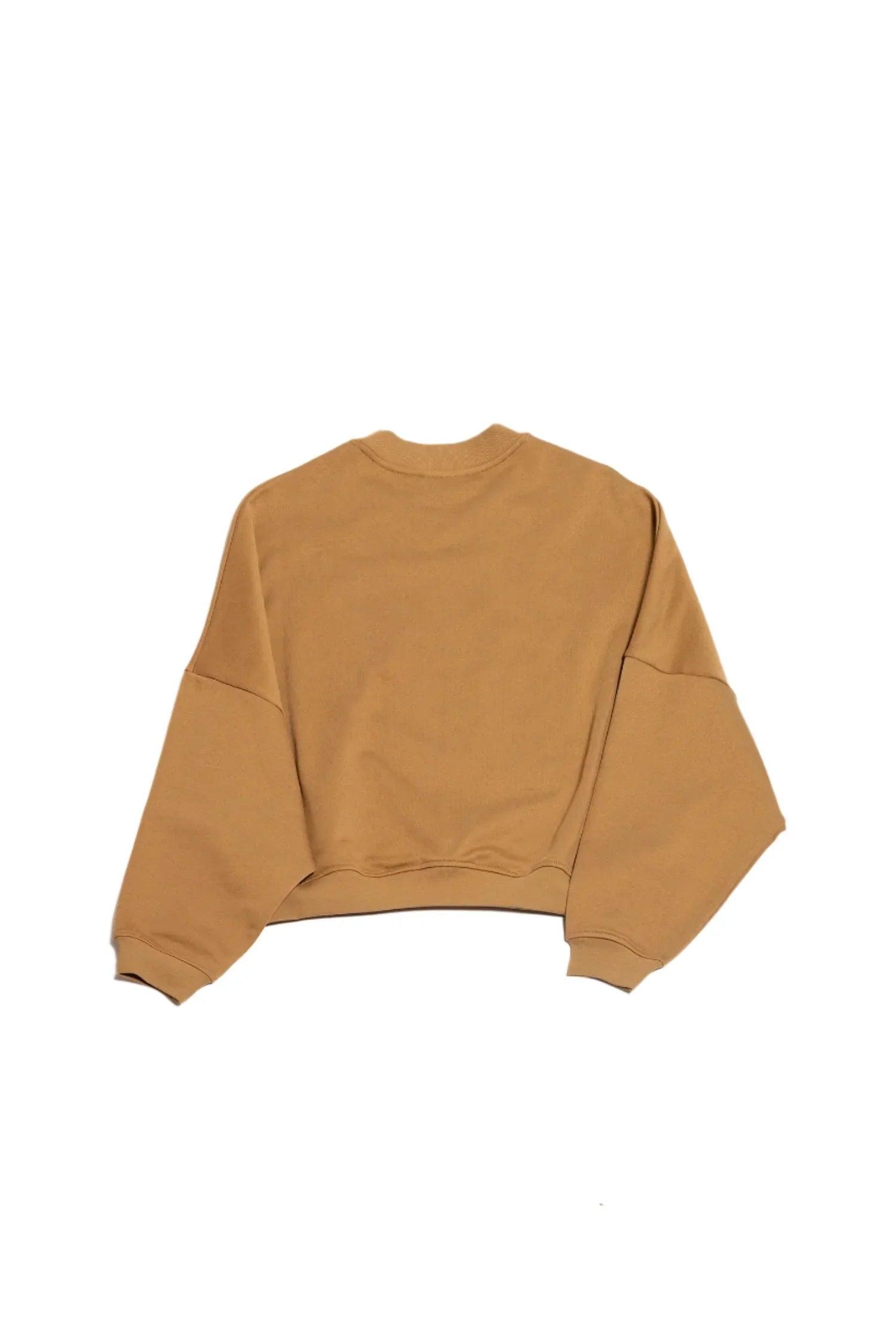 Back view of a camel brown cropped sweatshirt with dropped shoulders and ribbed cuffs