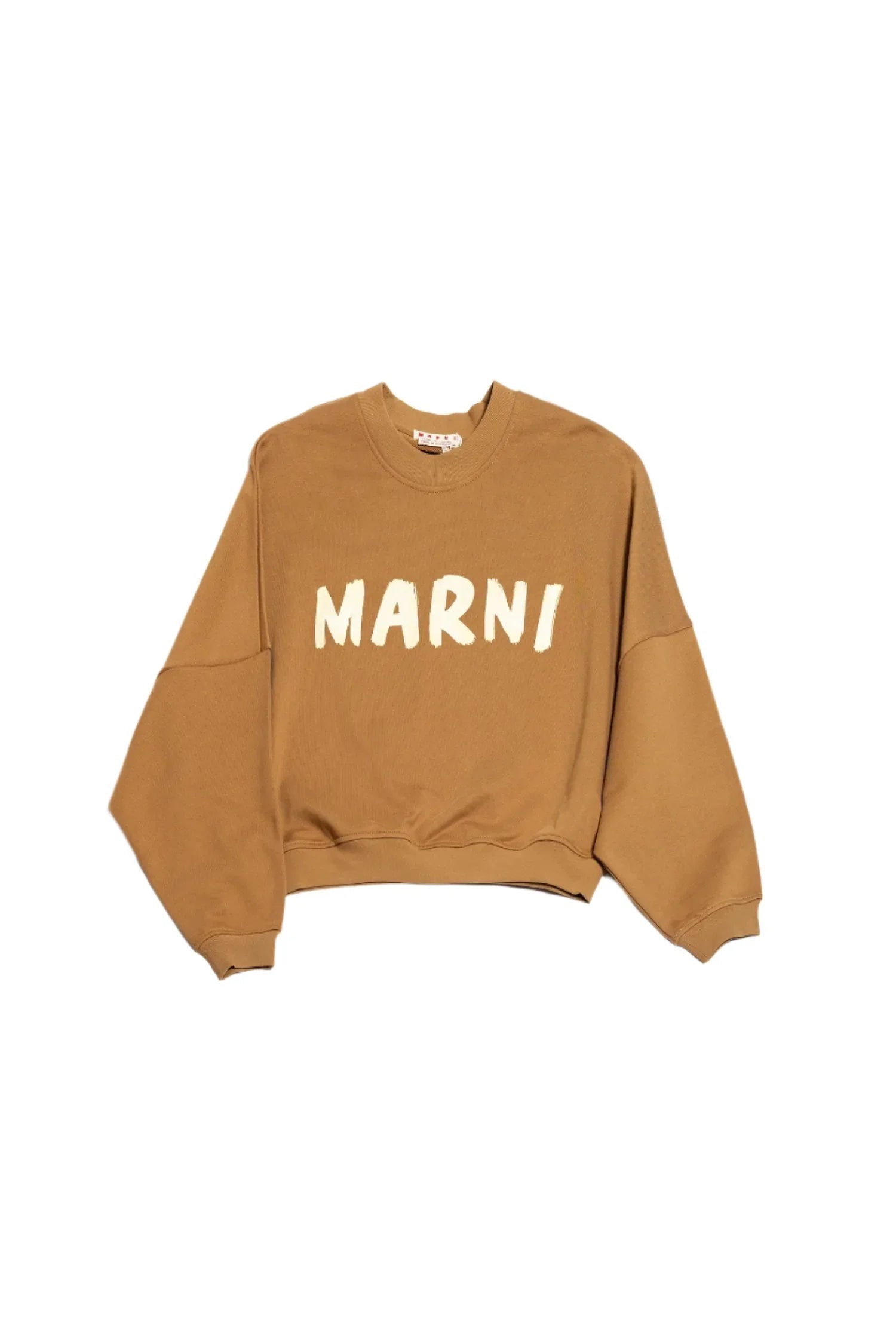 Brown Marni crewneck sweatshirt with white bold logo text and long sleeves