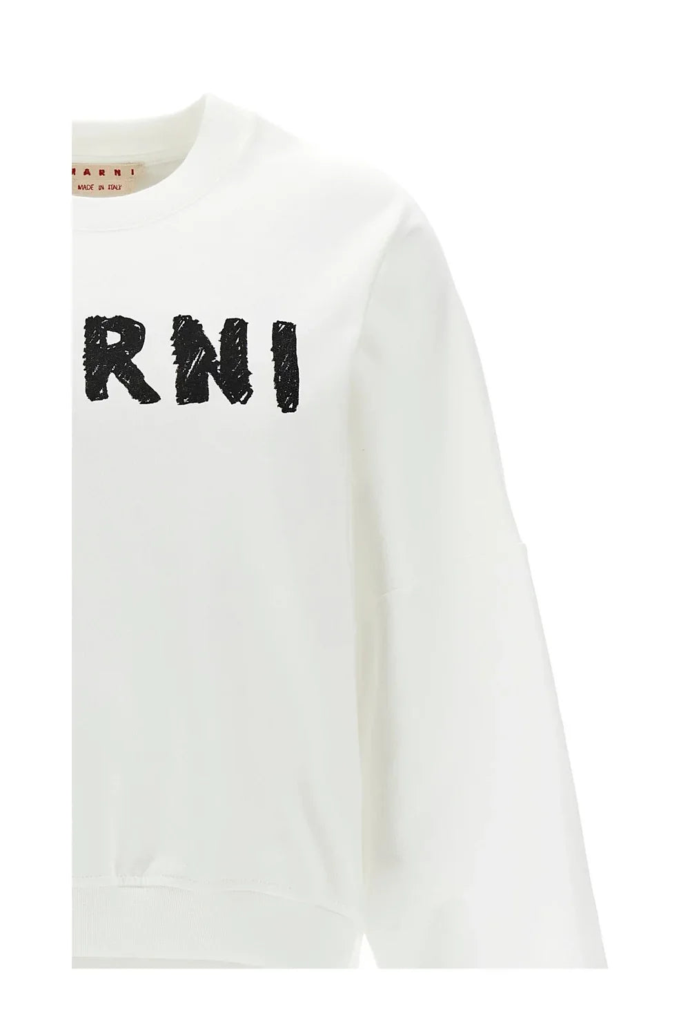 White Marni sweatshirt with black textured lettering on front and ribbed hem