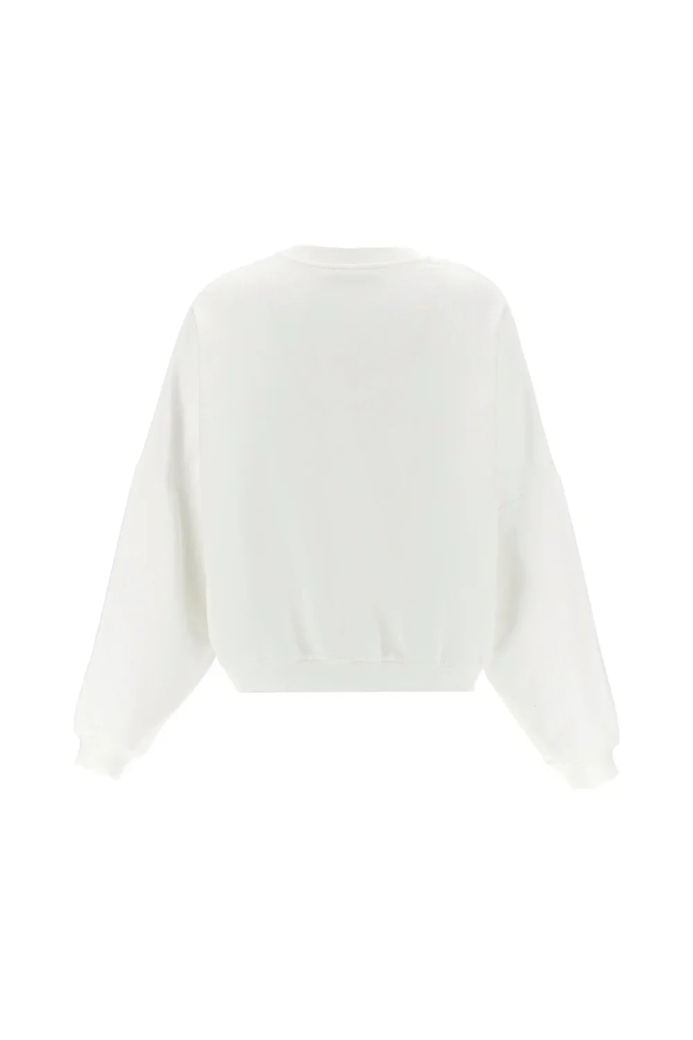 Back view of plain white crewneck sweatshirt with long sleeves and ribbed cuffs