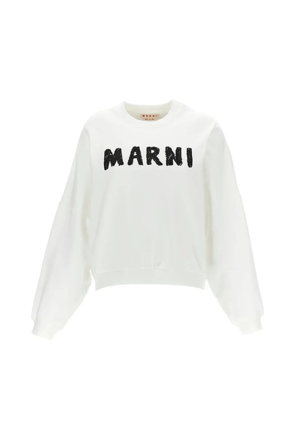 White Marni sweatshirt with black text logo and long sleeves on plain background