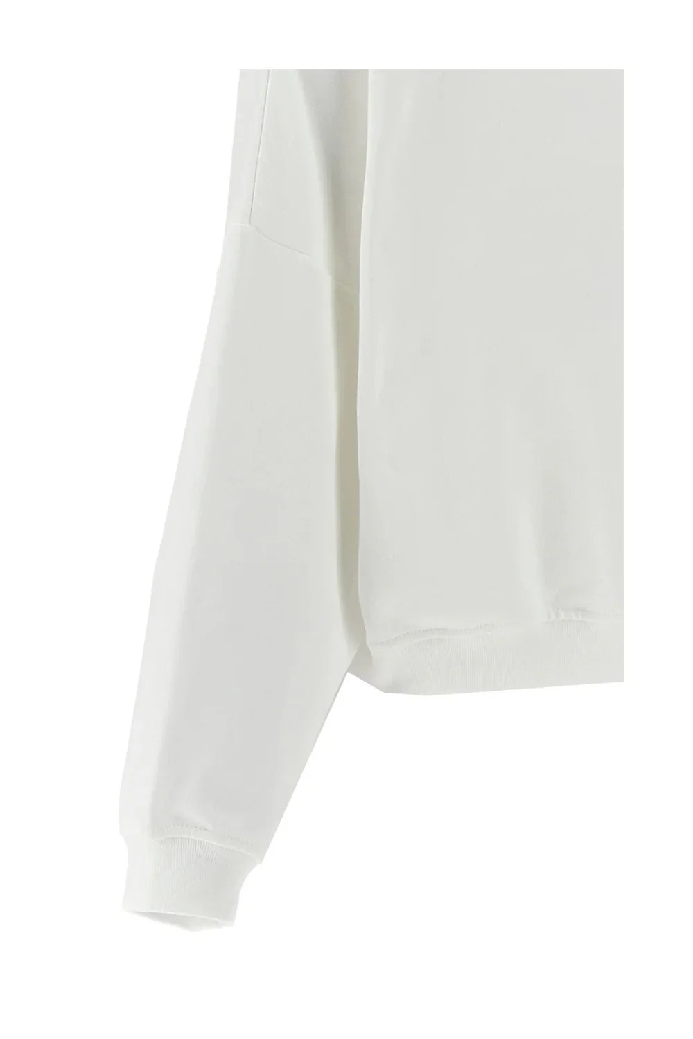 Close-up of white long sleeve sweatshirt fabric with ribbed cuff detail