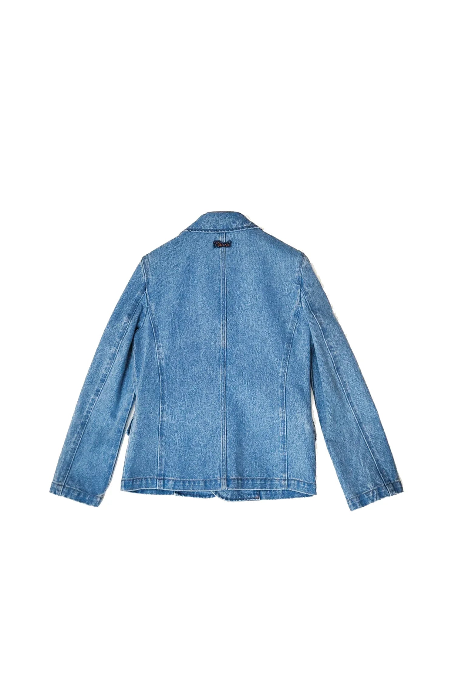 Back view of blue denim jacket with long sleeves and collar on white background