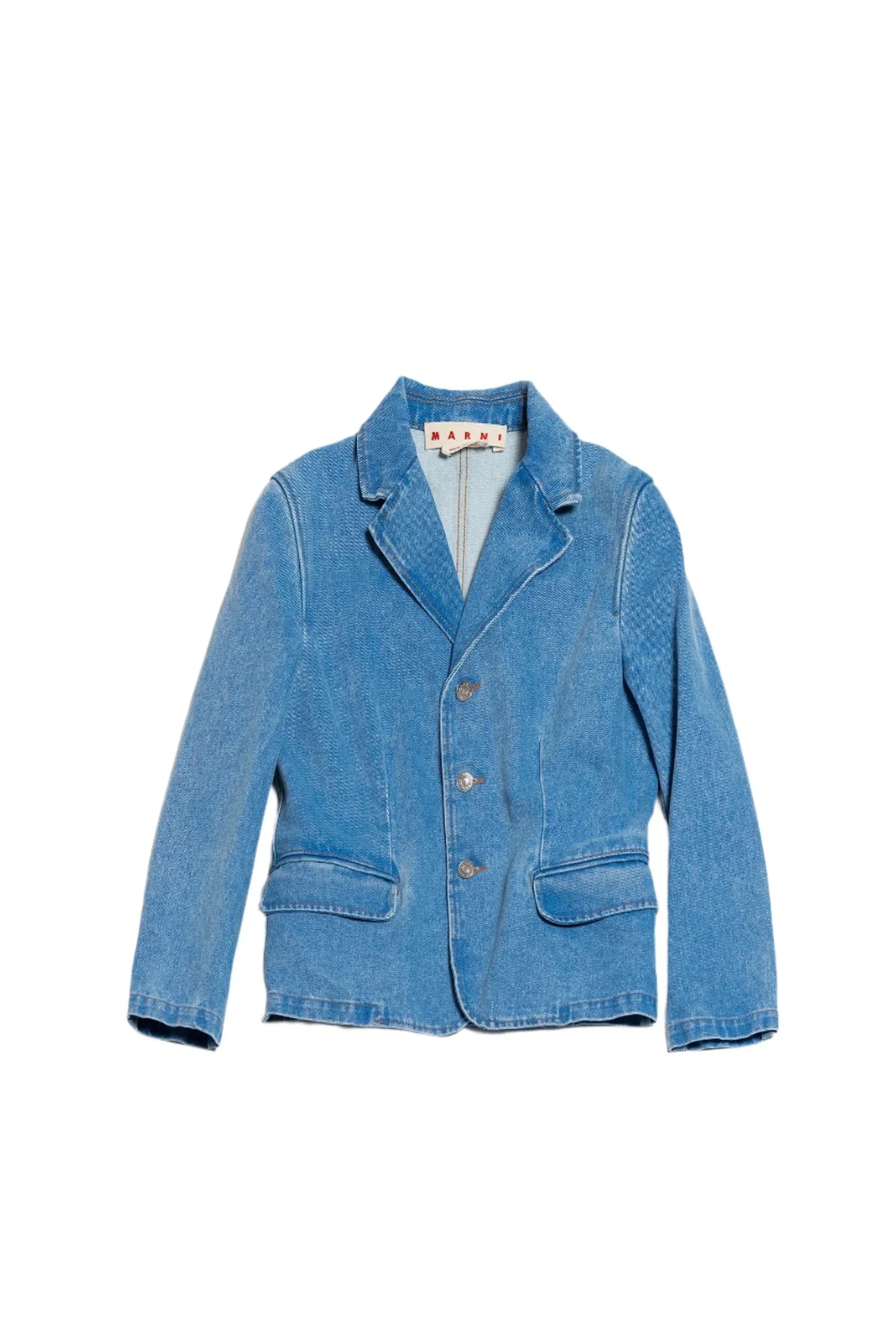 Blue denim blazer jacket with buttons and front flap pockets by Marni