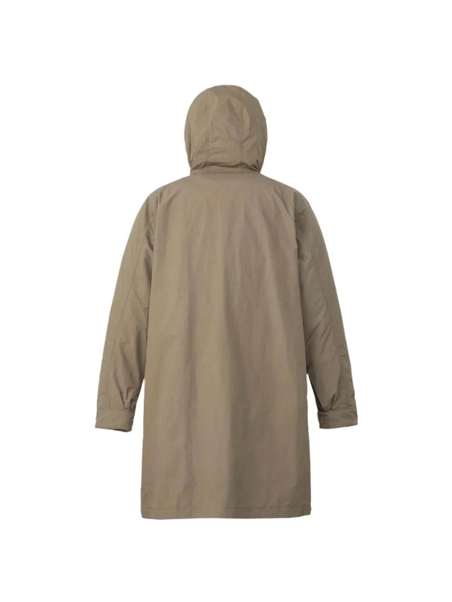 Back view of beige hooded long-sleeve waterproof jacket for men