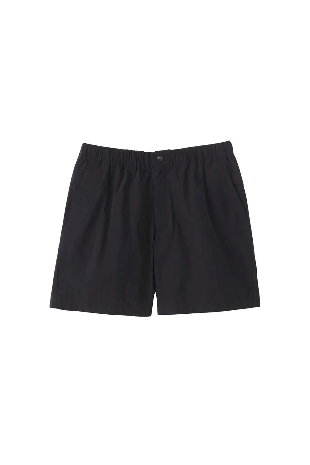 Black elastic waist shorts with front button and side pockets on white background