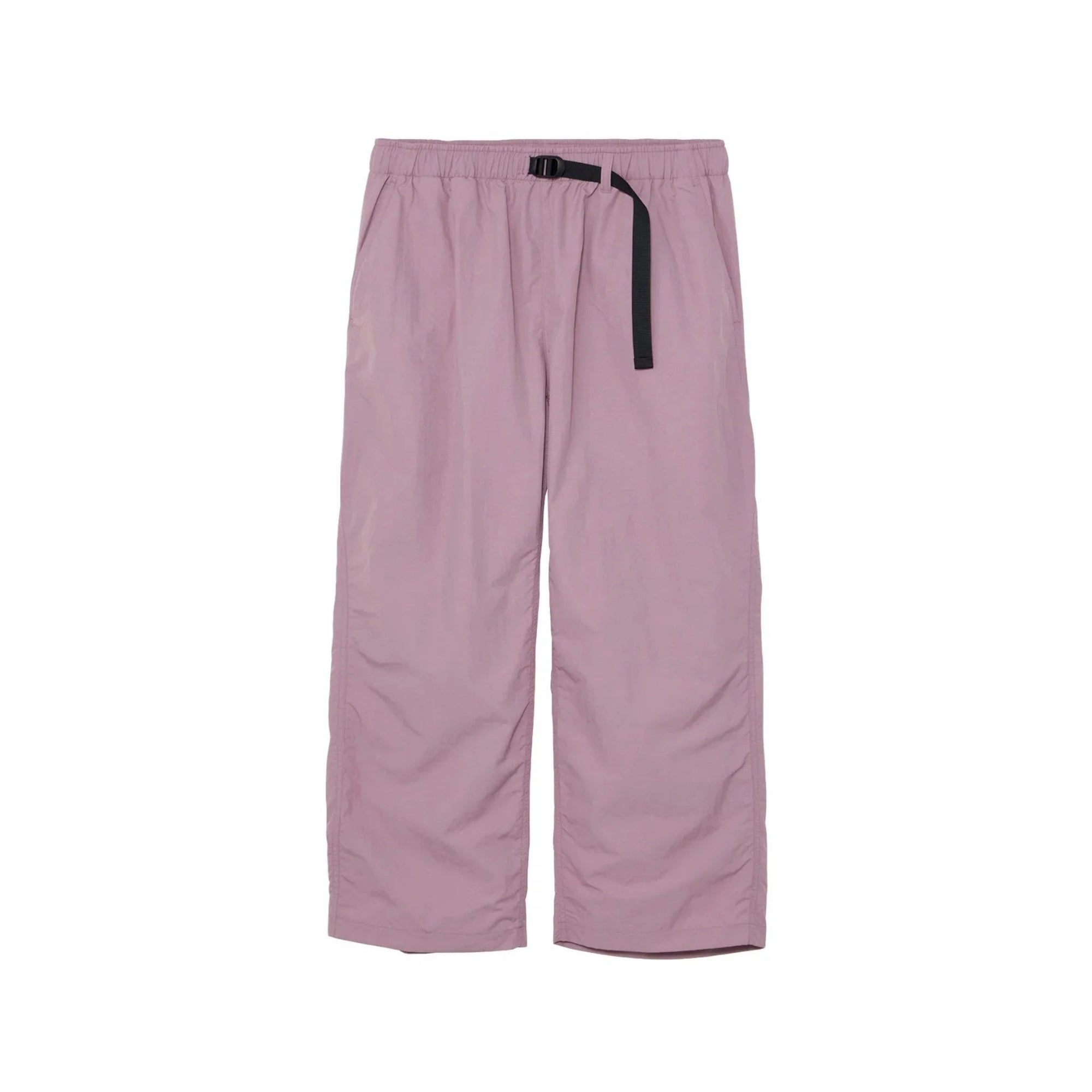 Light purple casual pants with elastic waistband and black adjustable belt laid flat