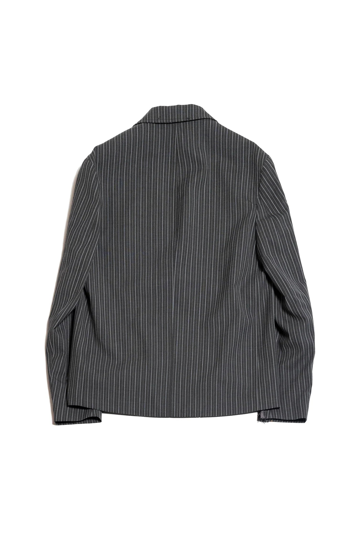 Back view of a dark gray pinstripe blazer jacket laid flat on white background