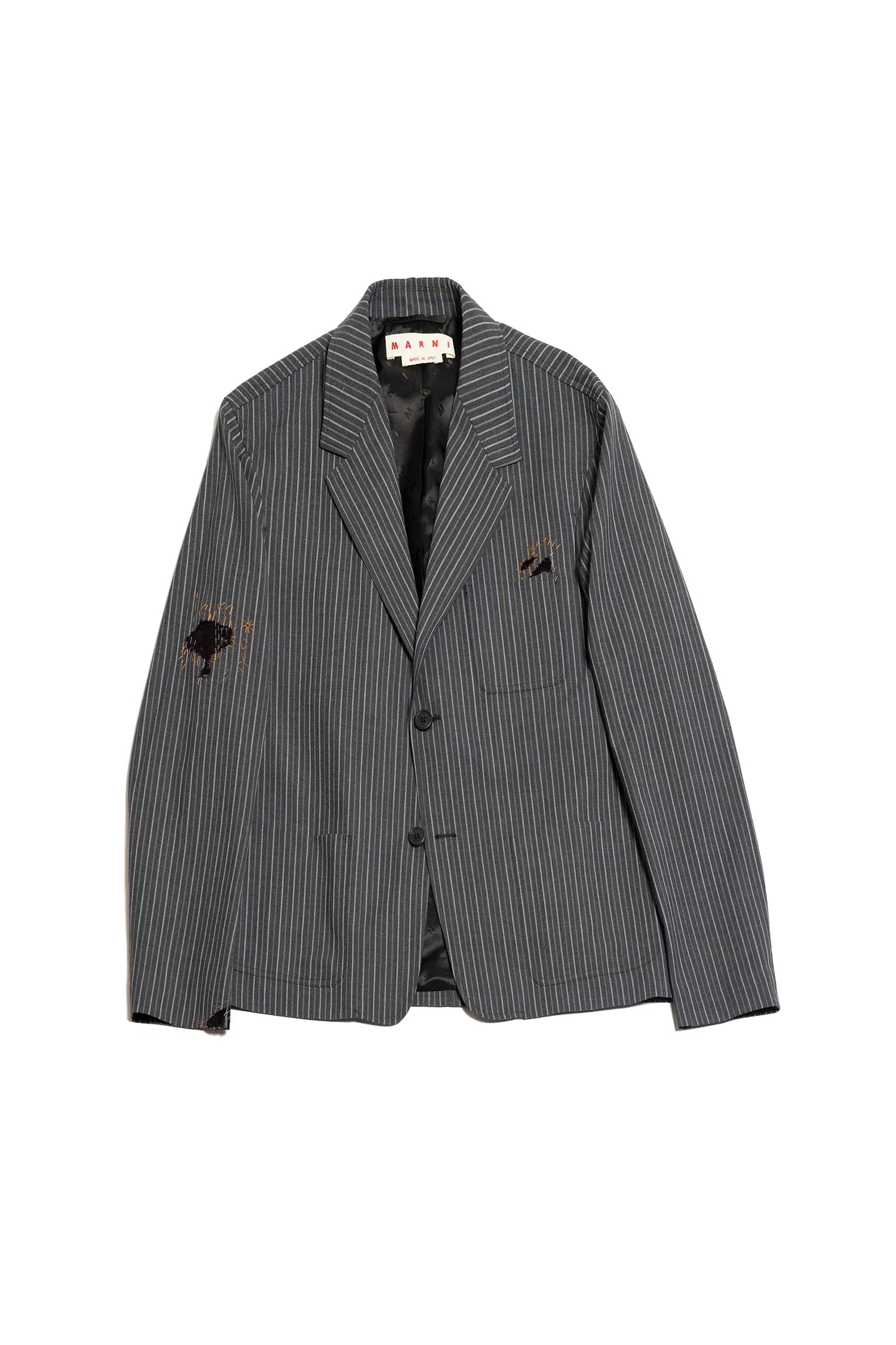 Gray pinstripe blazer jacket with frayed holes and patches, button closure, Marni label