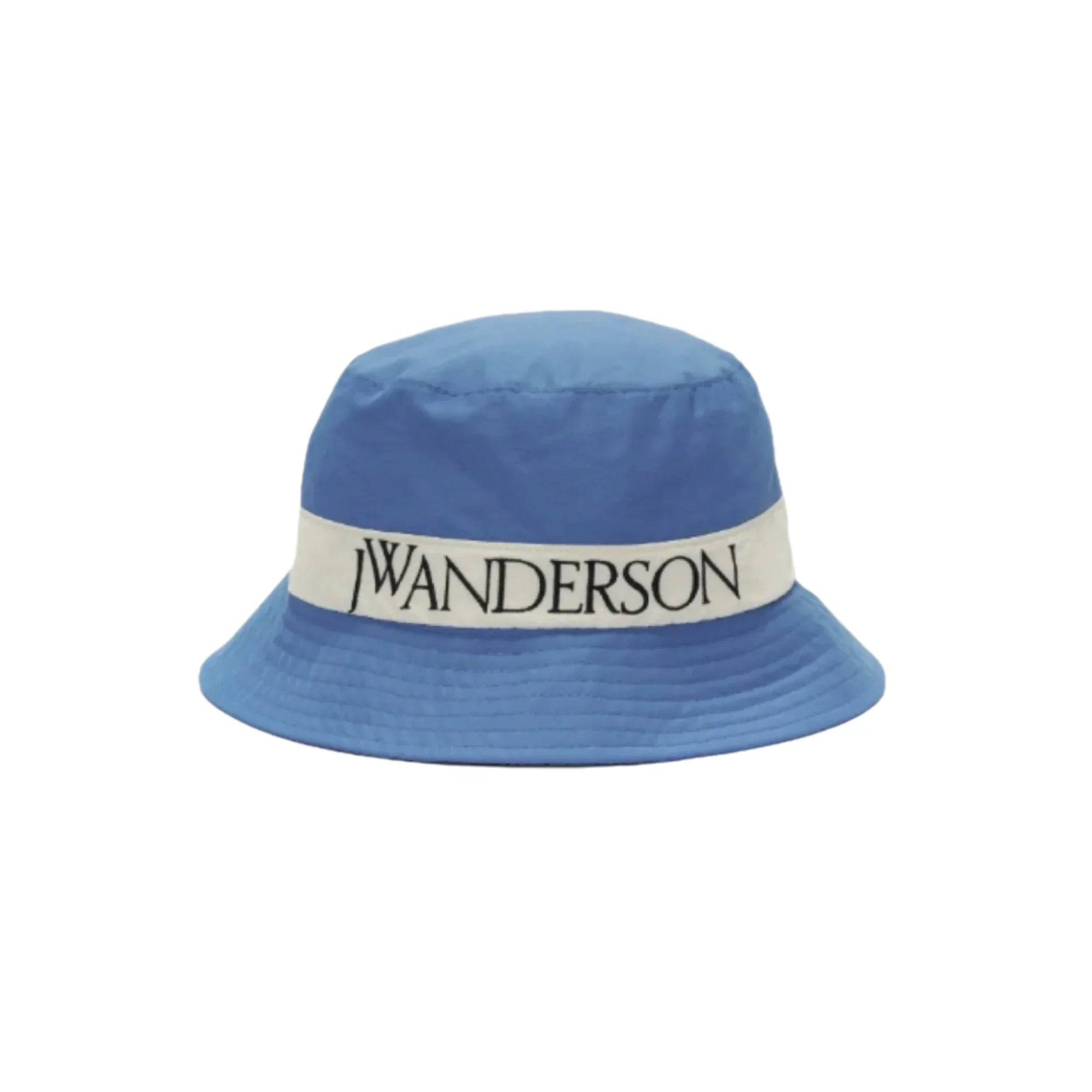 Blue bucket hat with white band featuring black JW Anderson logo embroidery