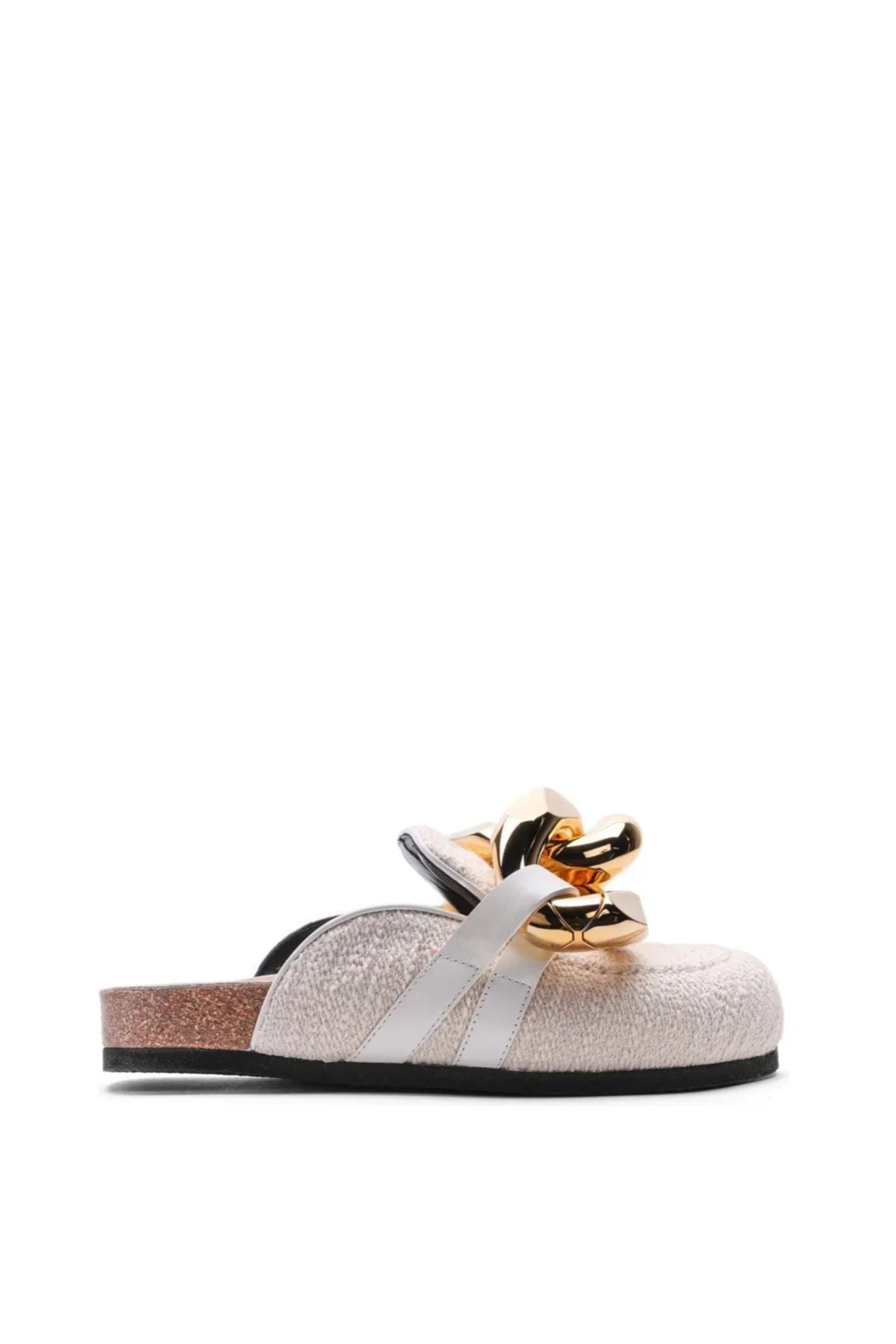 White textured slip-on sandal with a gold metallic chain detail and cork sole on white background