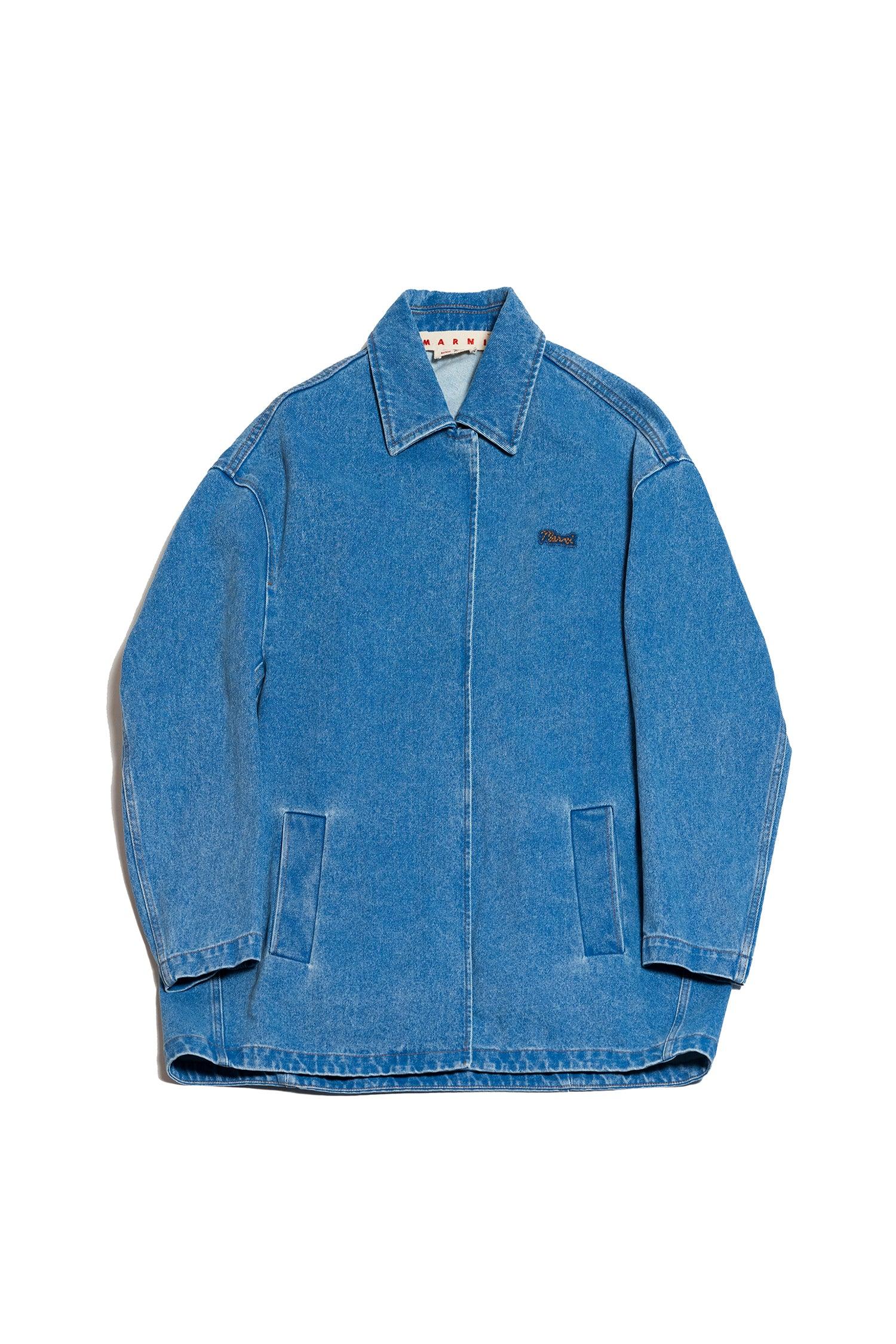 Blue Marni denim jacket with classic collar and front pockets on white background