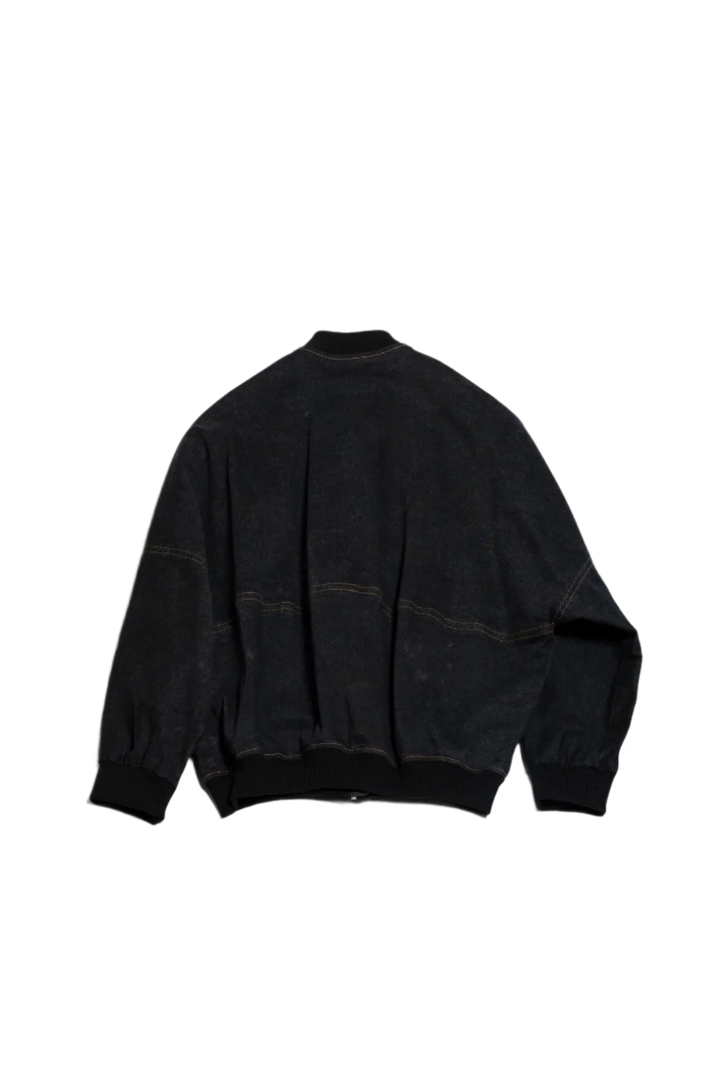 Black bomber jacket with ribbed collar, cuffs, and hem, displayed on white background